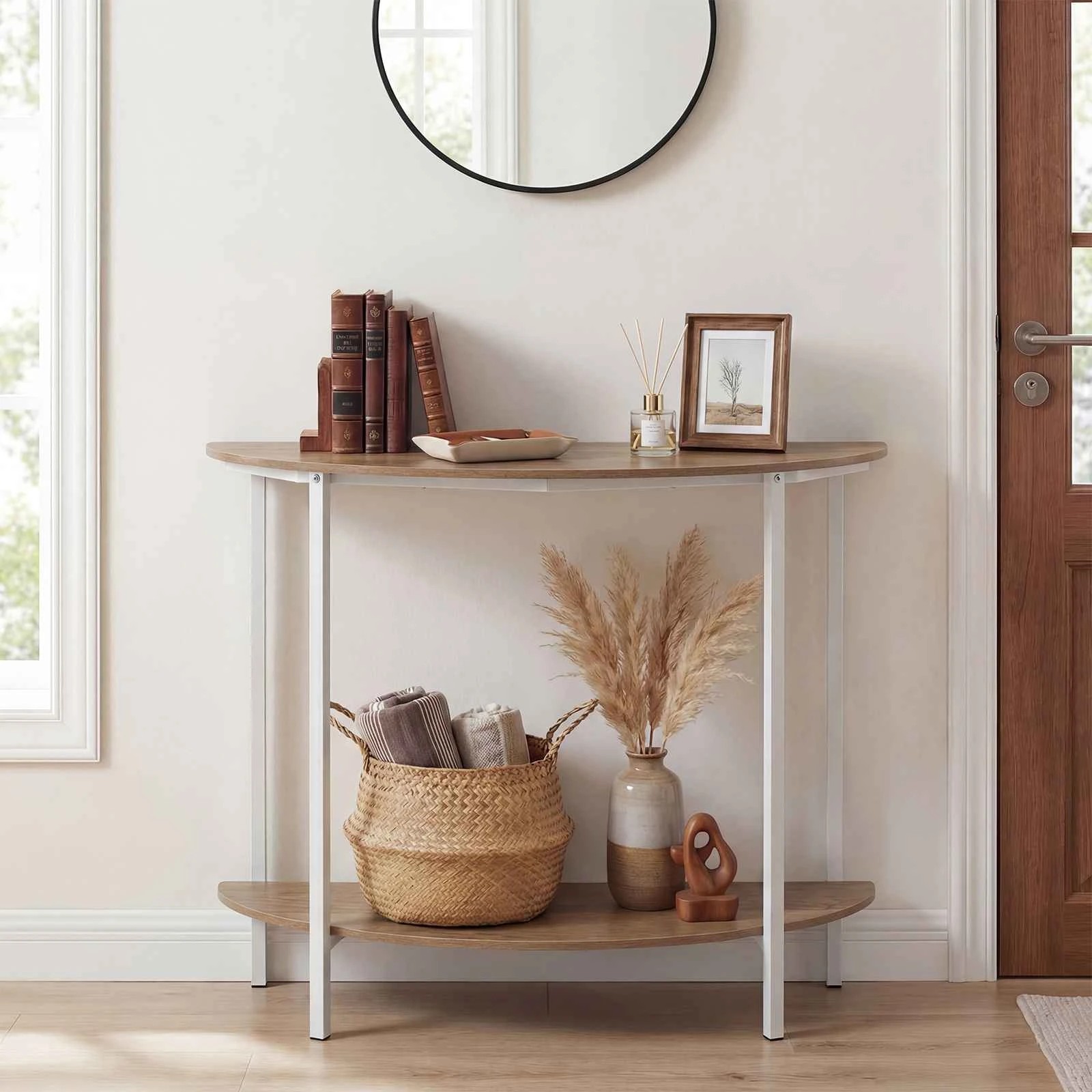 4 Costway Half-moon Console Table 2-Tier Storage Shelf Entryway Hallway - Natural, 4 of 6