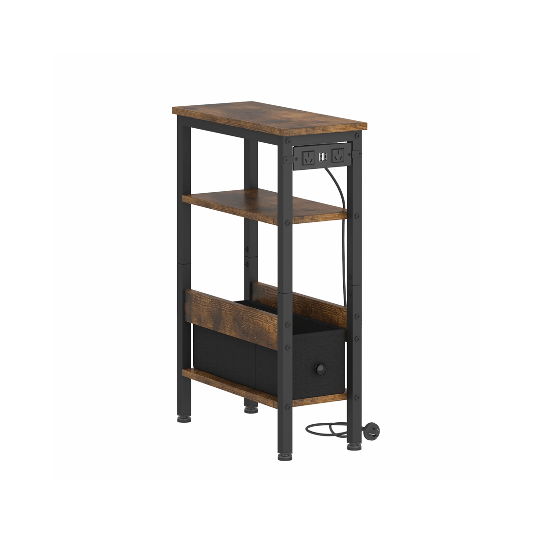 1 Advwin Led Side Table W/ Charging Station Narrow Bedside Table W/ Open Drawer & Open Shelf Walnut, 1 of 8