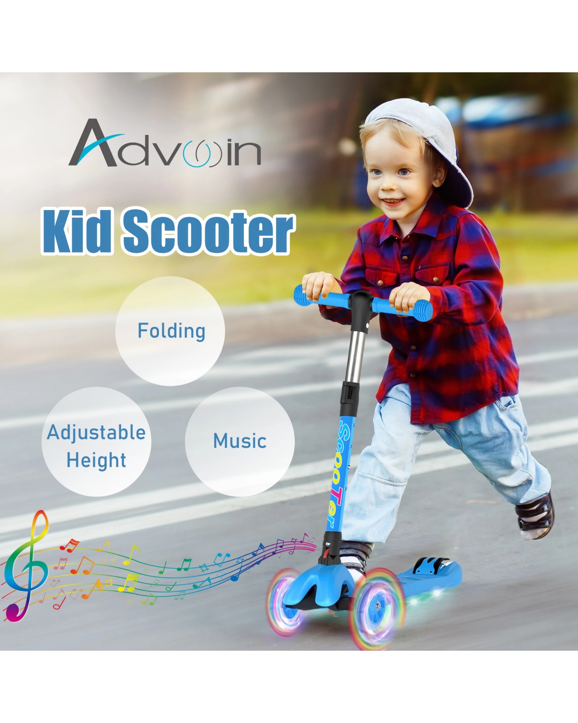 8 Advwin Foldable Kids Scooter w/ Music Light Up 3 Wheels Blue, 8 of 10