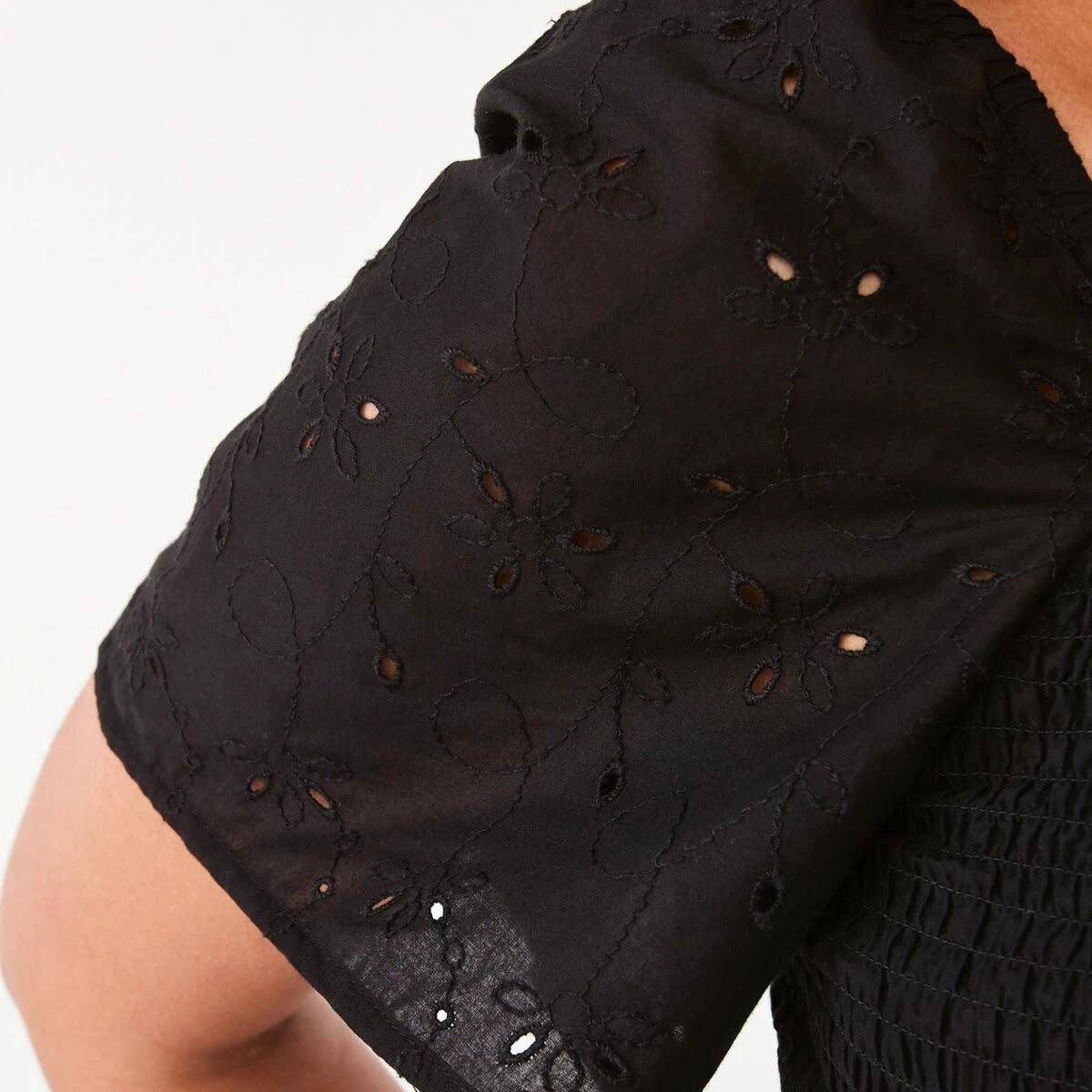 5 Short Sleeve Shirred Broderie Top Black, 5 of 6