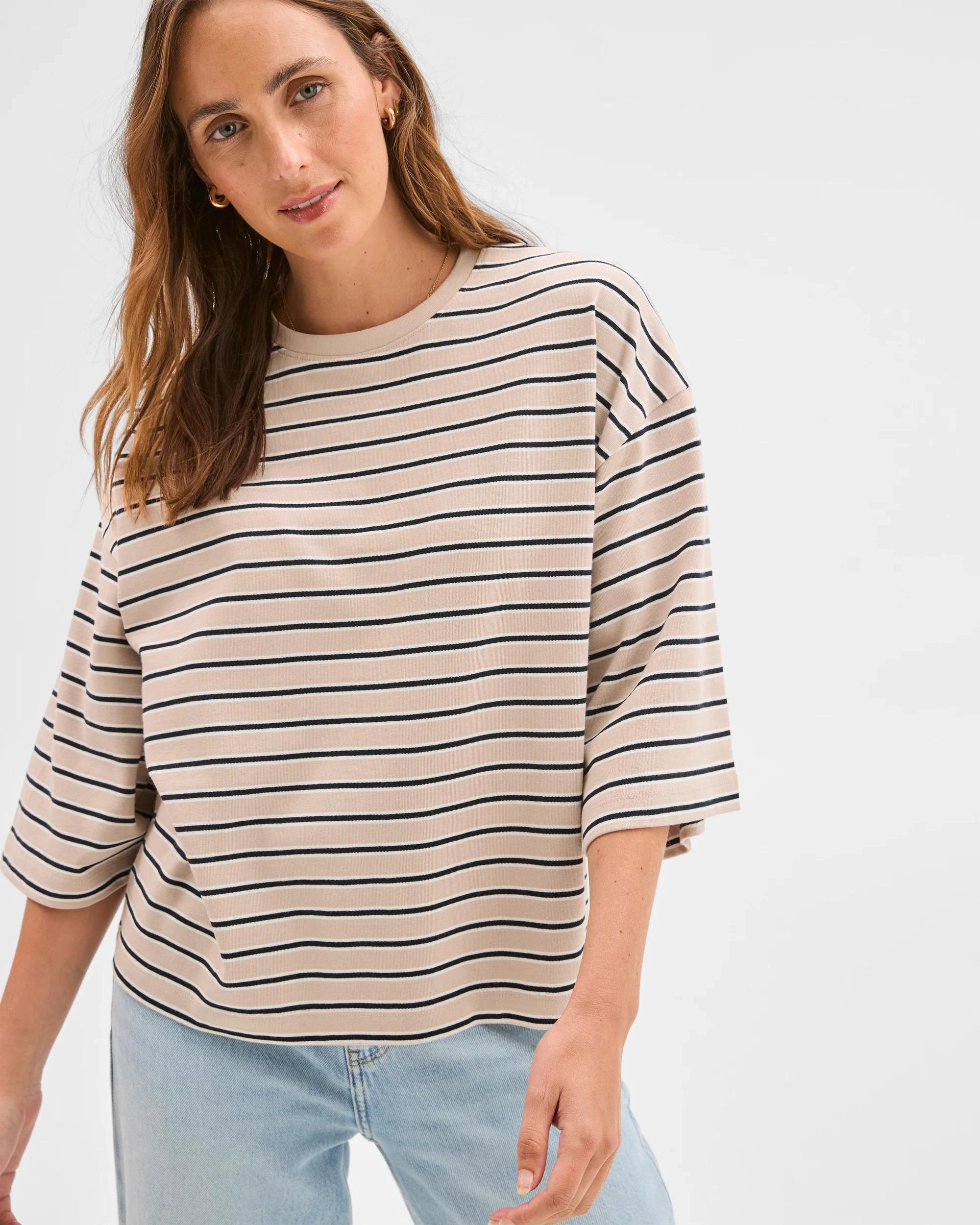 4 Target Woman Australian Cotton 3/4 Length Wide Sleeve Boxy T-Shirt BLACK/BIRCH/CLOUD DANCER, 4 of 7