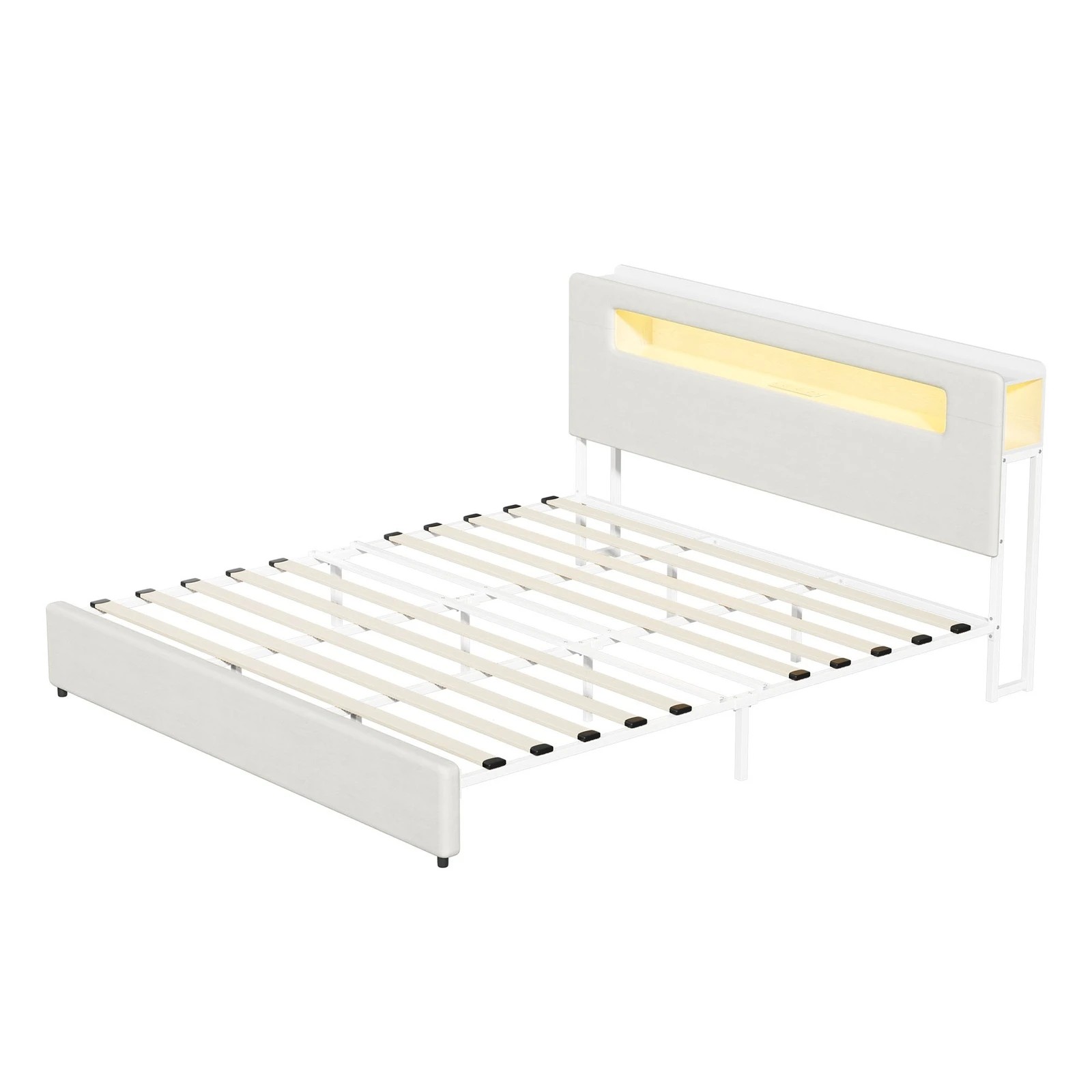 8 Oikiture Bed Frame King Size with LED Lights USB Charging Storage Headboad - White, 8 of 8
