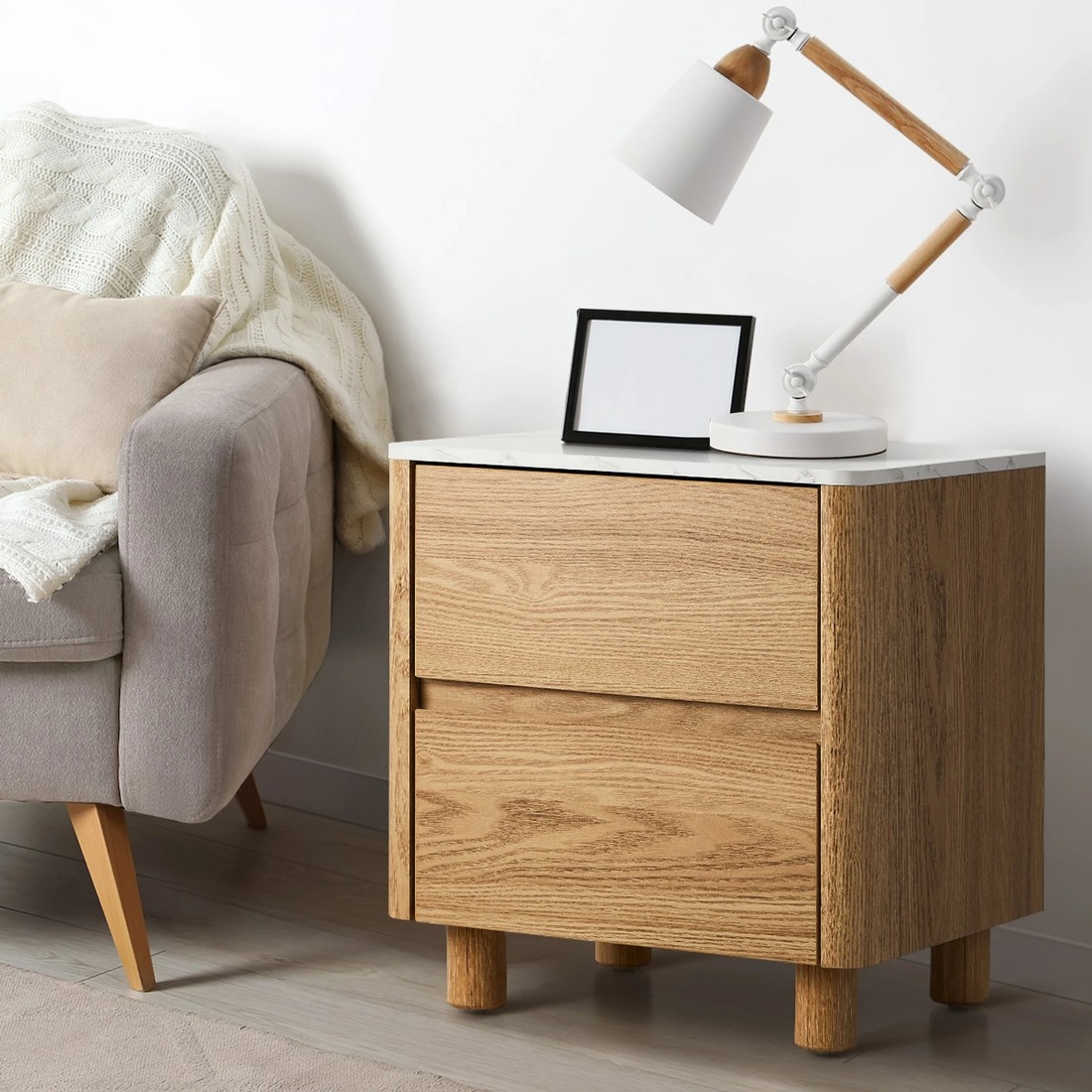 3 Oikiture Bedside Table 2 Drawers Nightstand Faux Marble Top
 - Natural, 3 of 10