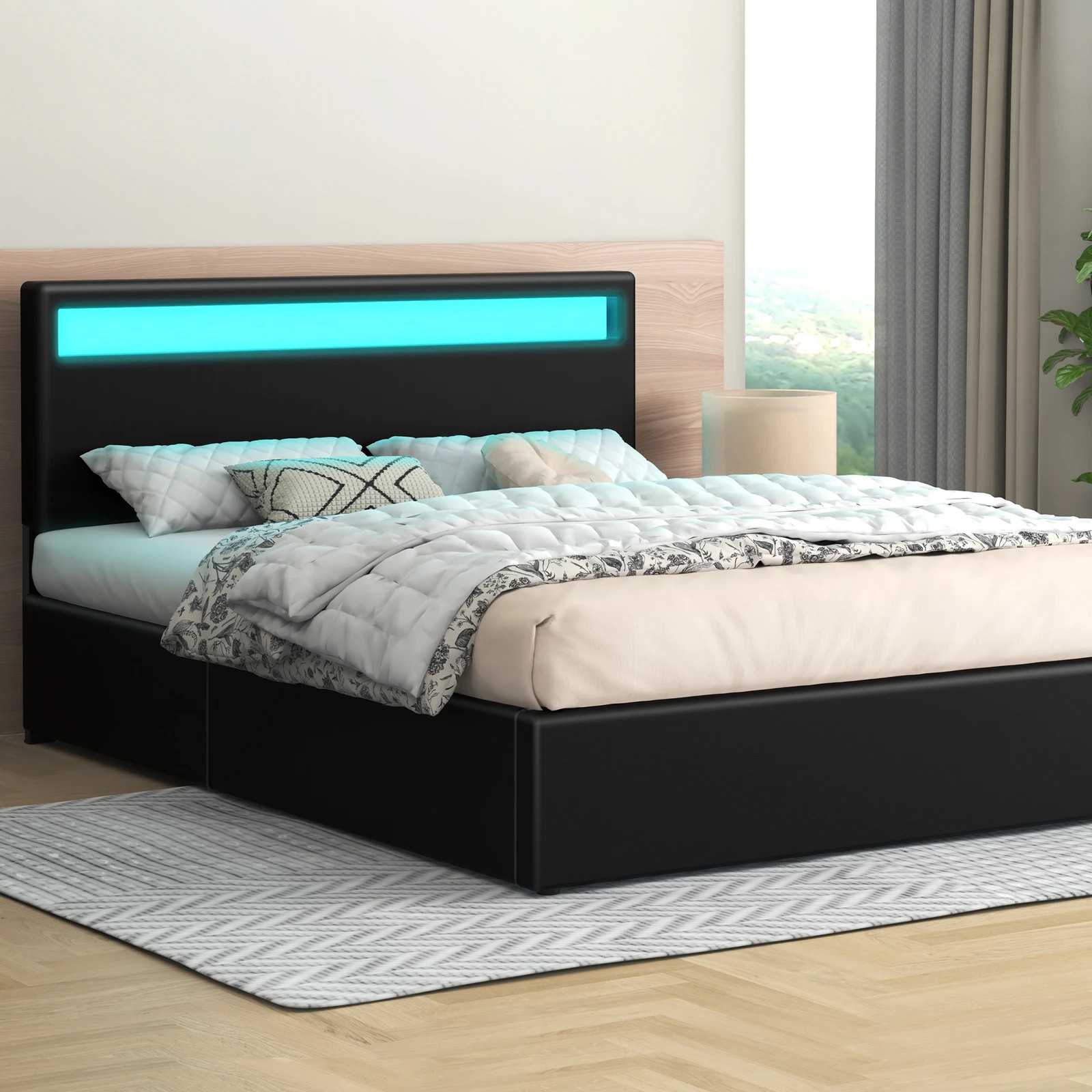 2 Alfordson Bed Frame Queen Size RGB LED Gas Lift Storage Base Luchino - Black, 2 of 10