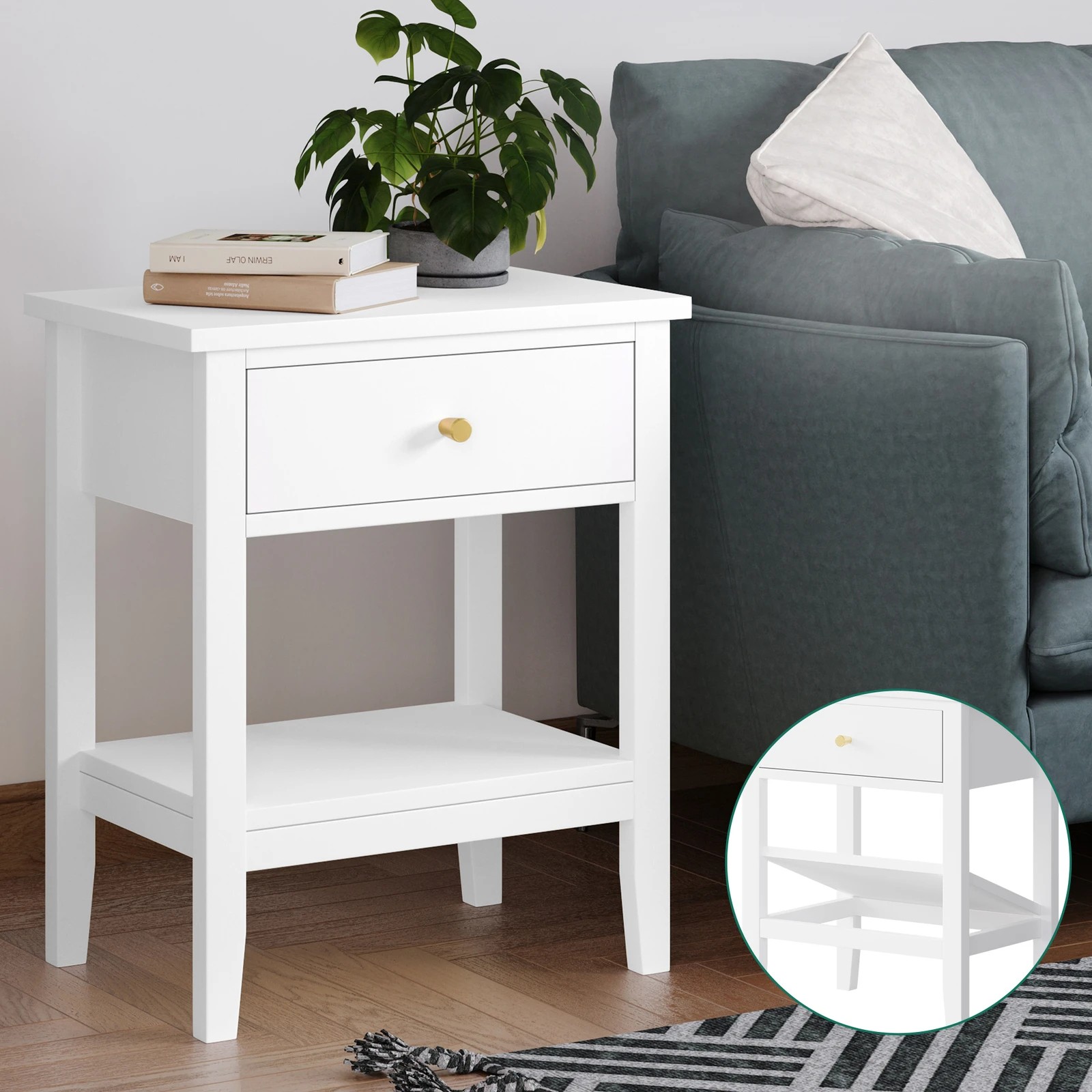 6 Alfordson Bedside Table Hamptons Nightstand Storage Side End 1 Drawer - White, 6 of 10