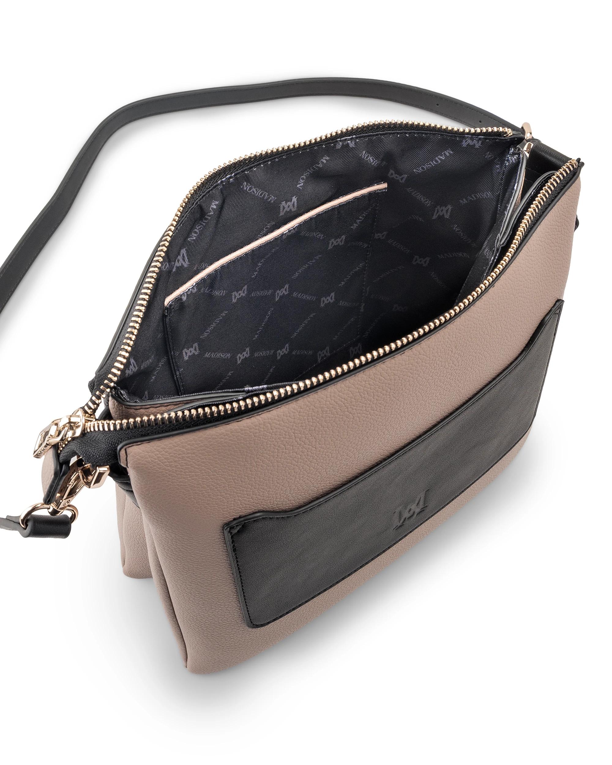 6 Madison Accessories Renee Zip Top 2 Compartment Crossbody TAUPE-BLACK LT GOLD, 6 of 7