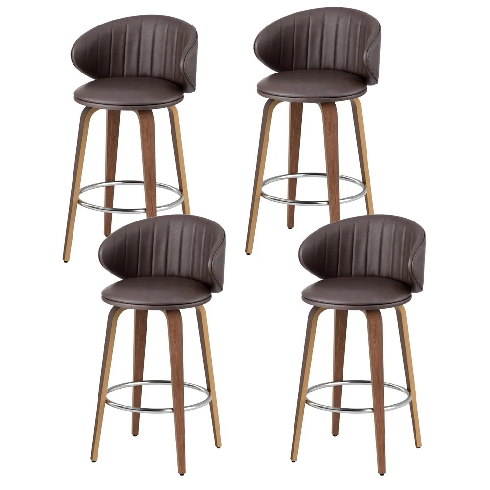 1 4x Artiss Bar Stools Dining Chairs Contou Leather Wood Stool - Brown, 1 of 5