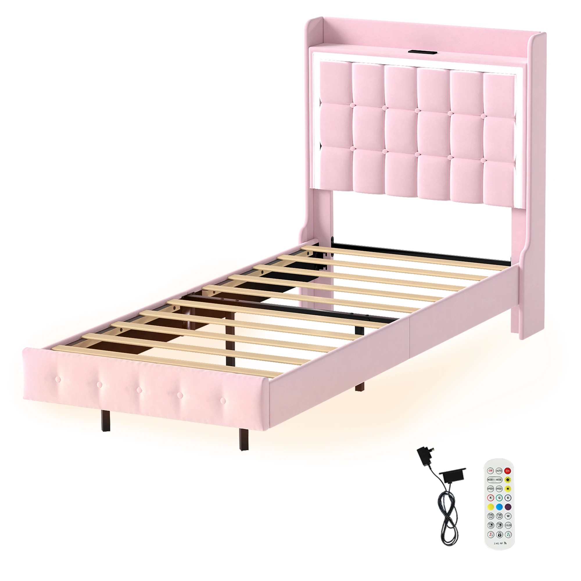 1 Levede Single Bed Frame with LED and Charging Station - Pink, 1 of 9