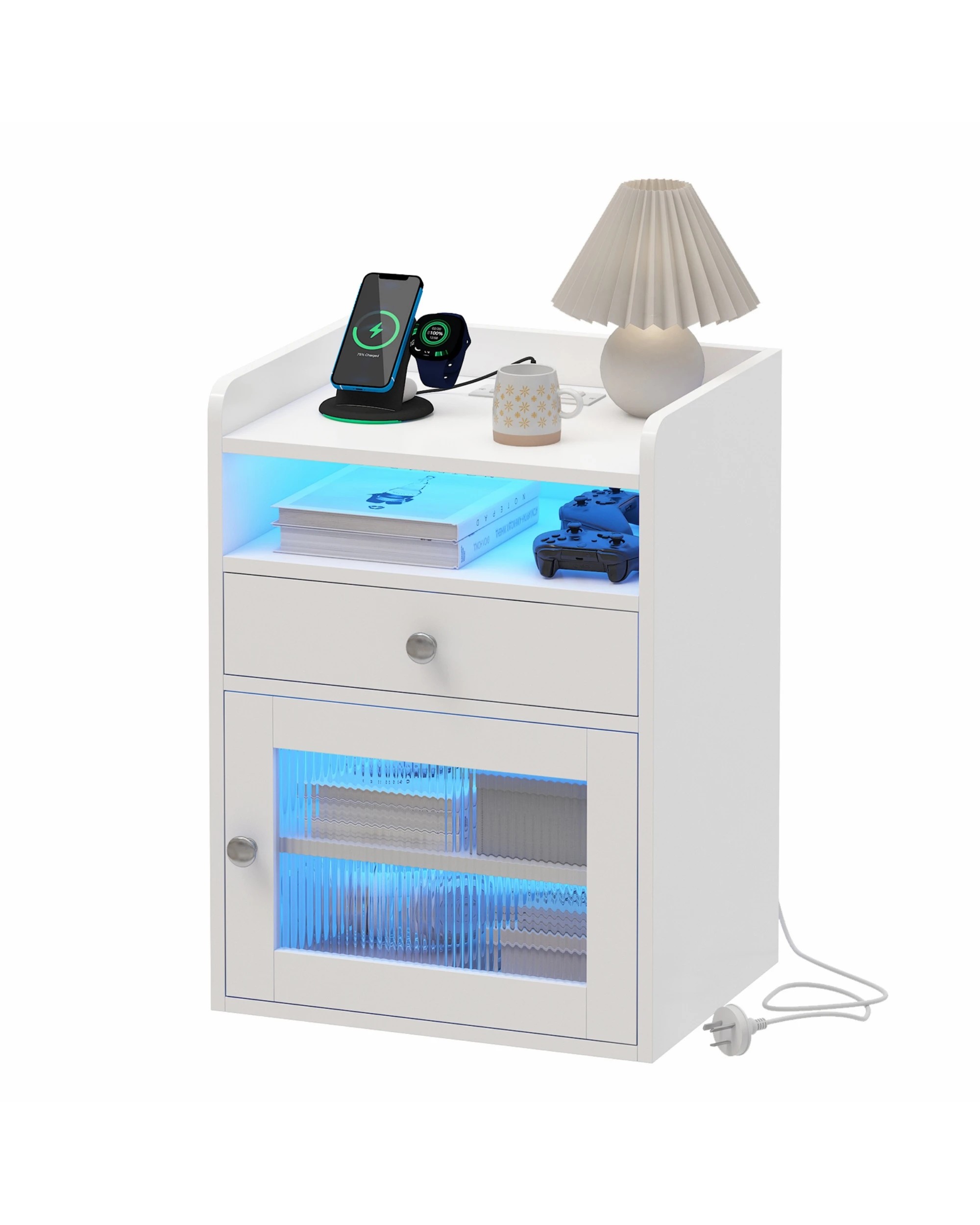 1 Advwin Bedside Table Acrylic Door With with Charging Station & LED Light - White, 1 of 7