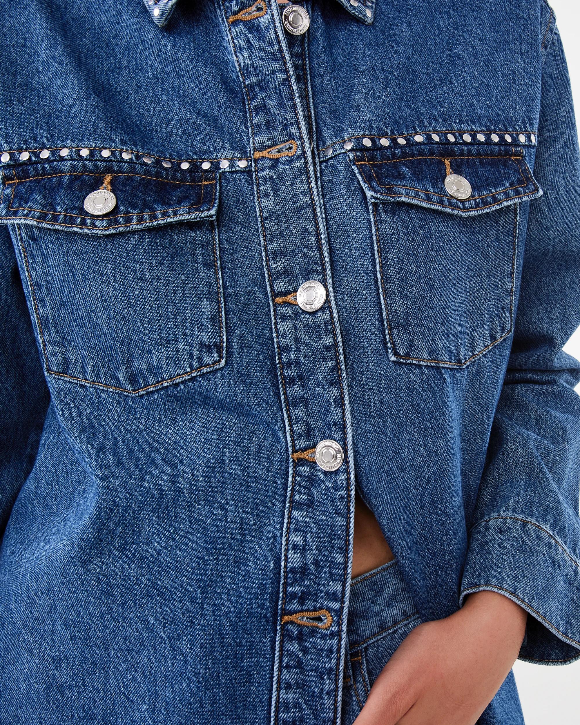 8 Long Sleeve Studded Denim Shirt Mid Wash, 8 of 10