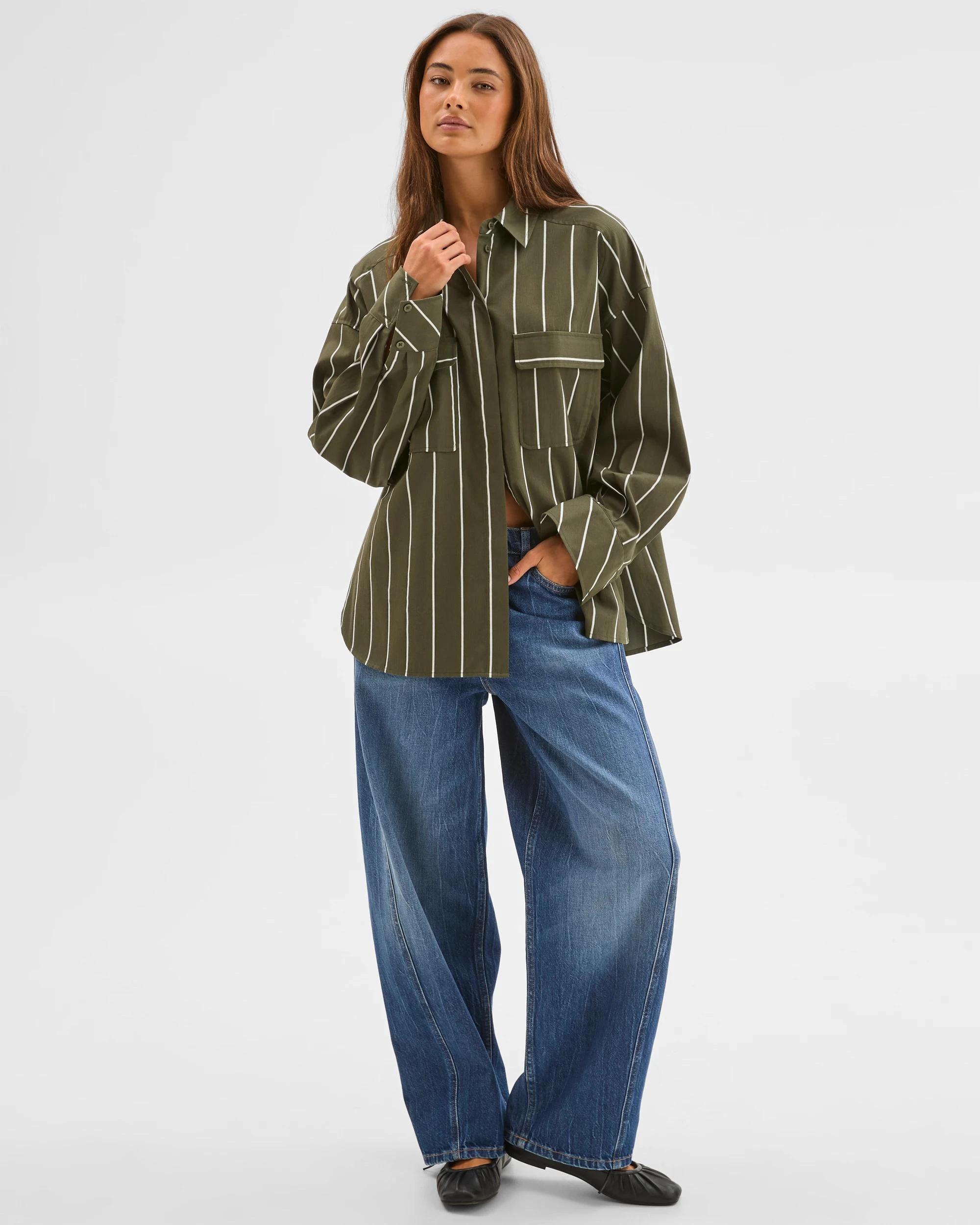 2 Lily Loves Australian Cotton Blend Oversized Shirt GREEN STRIPE, 2 of 7