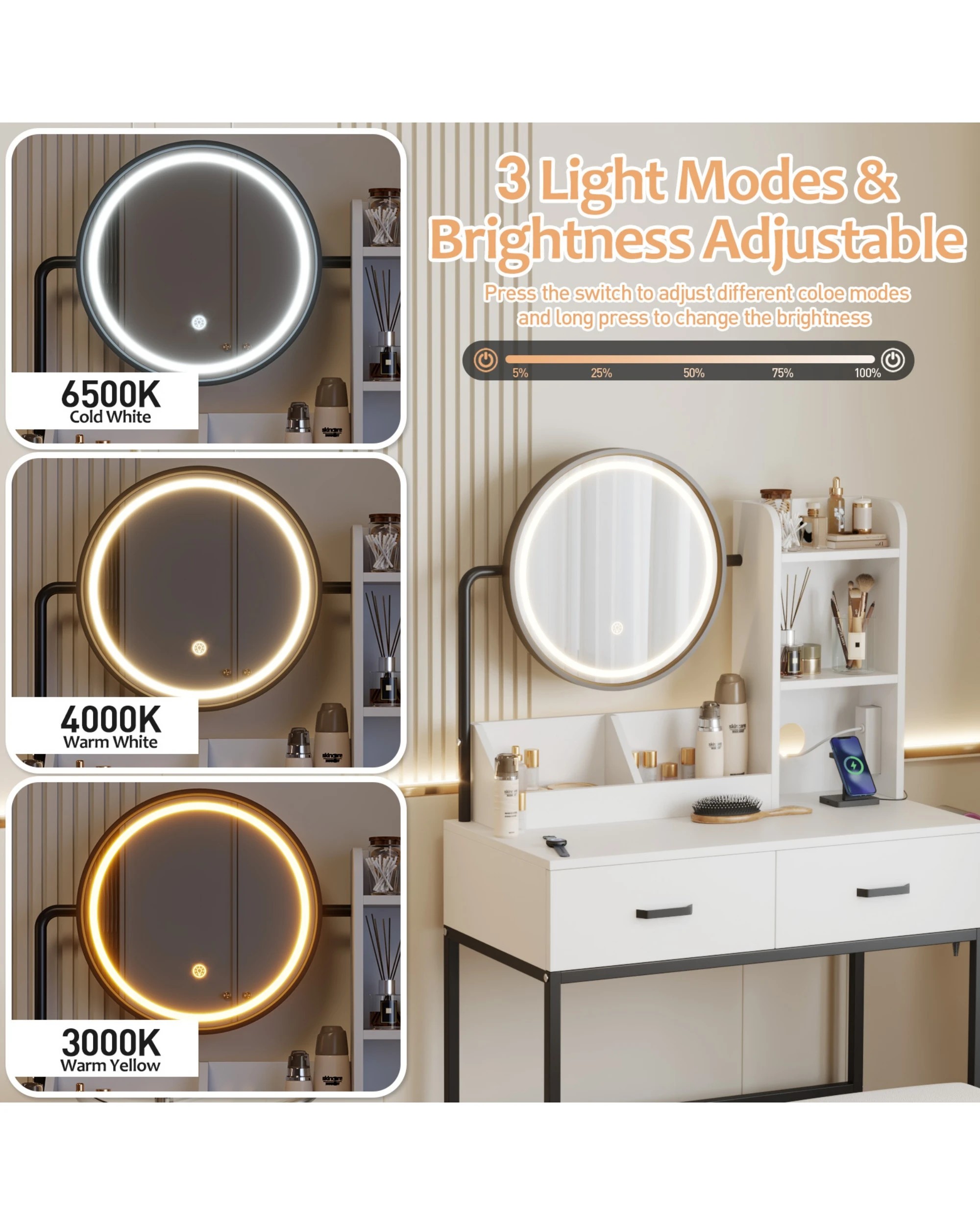 5 Advwin Dressing Table Set With Power Outlet And Led Light 360°adjustable Mirror Angle, 5 of 10