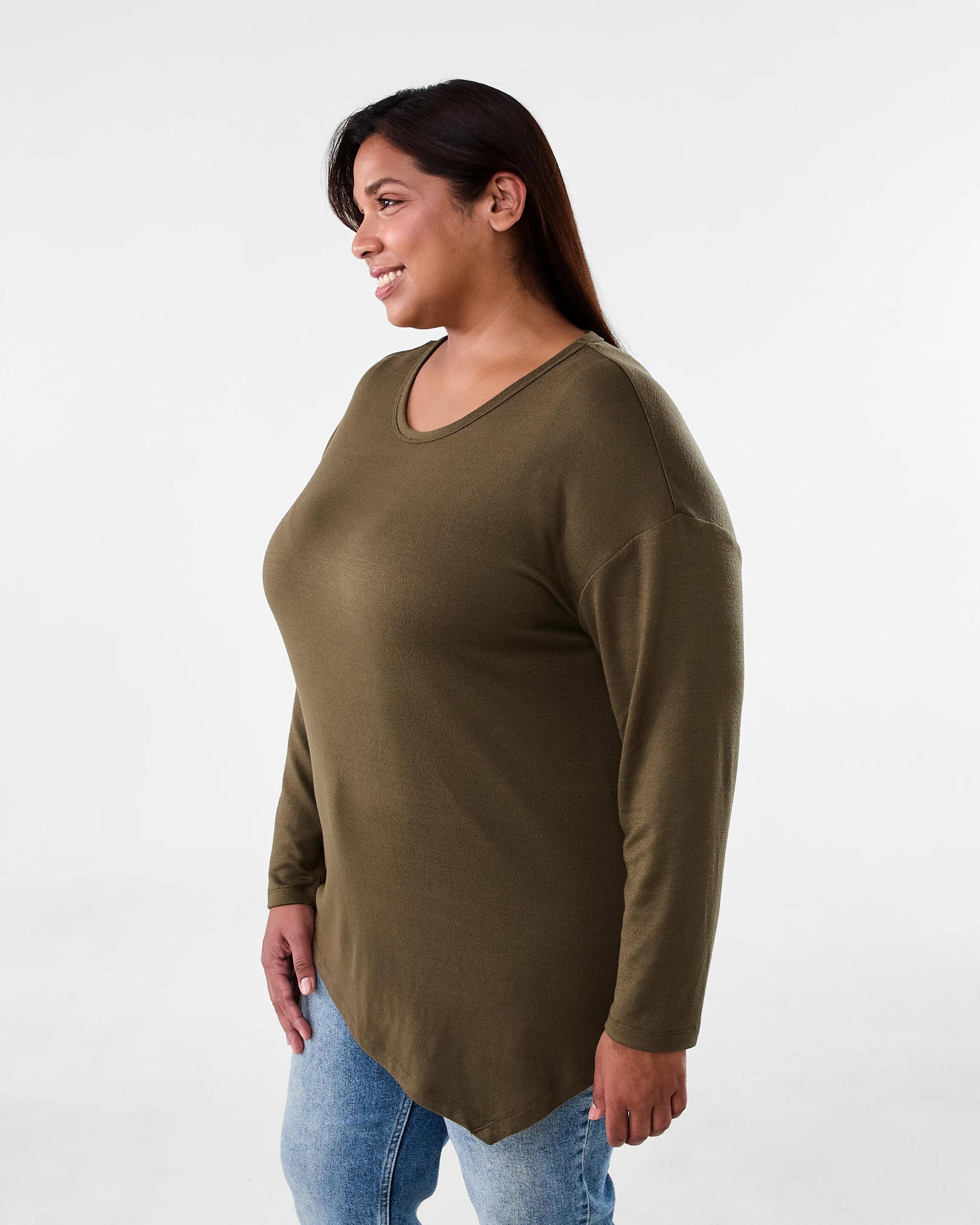 2 Curve Long Sleeve Brushed Asymmetrical Top Deep Olive, 2 of 6