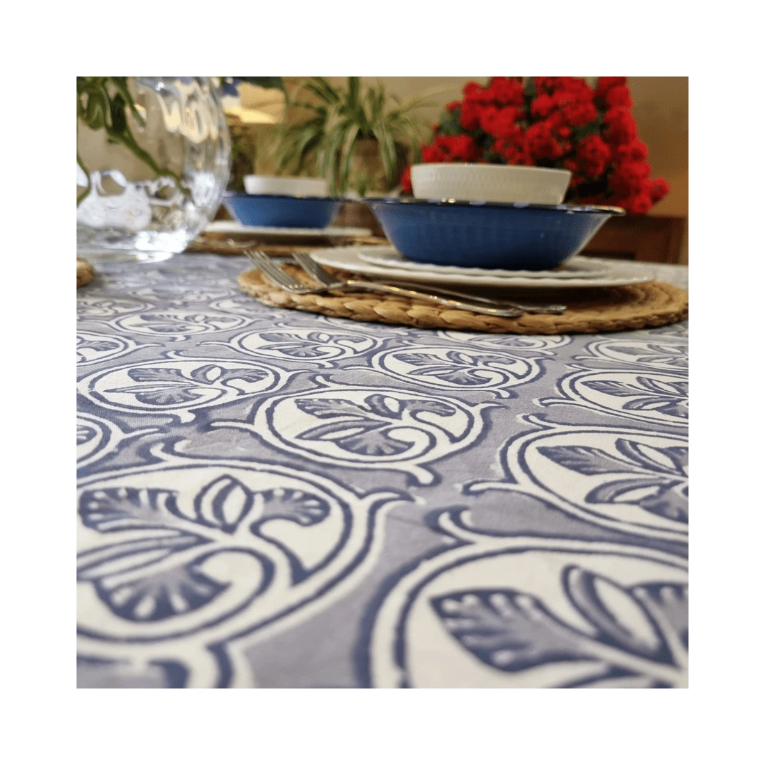 3 Kolka Lotus Handle Block-Printed Simple Dining Table Tablecloth - Grey, 3 of 7
