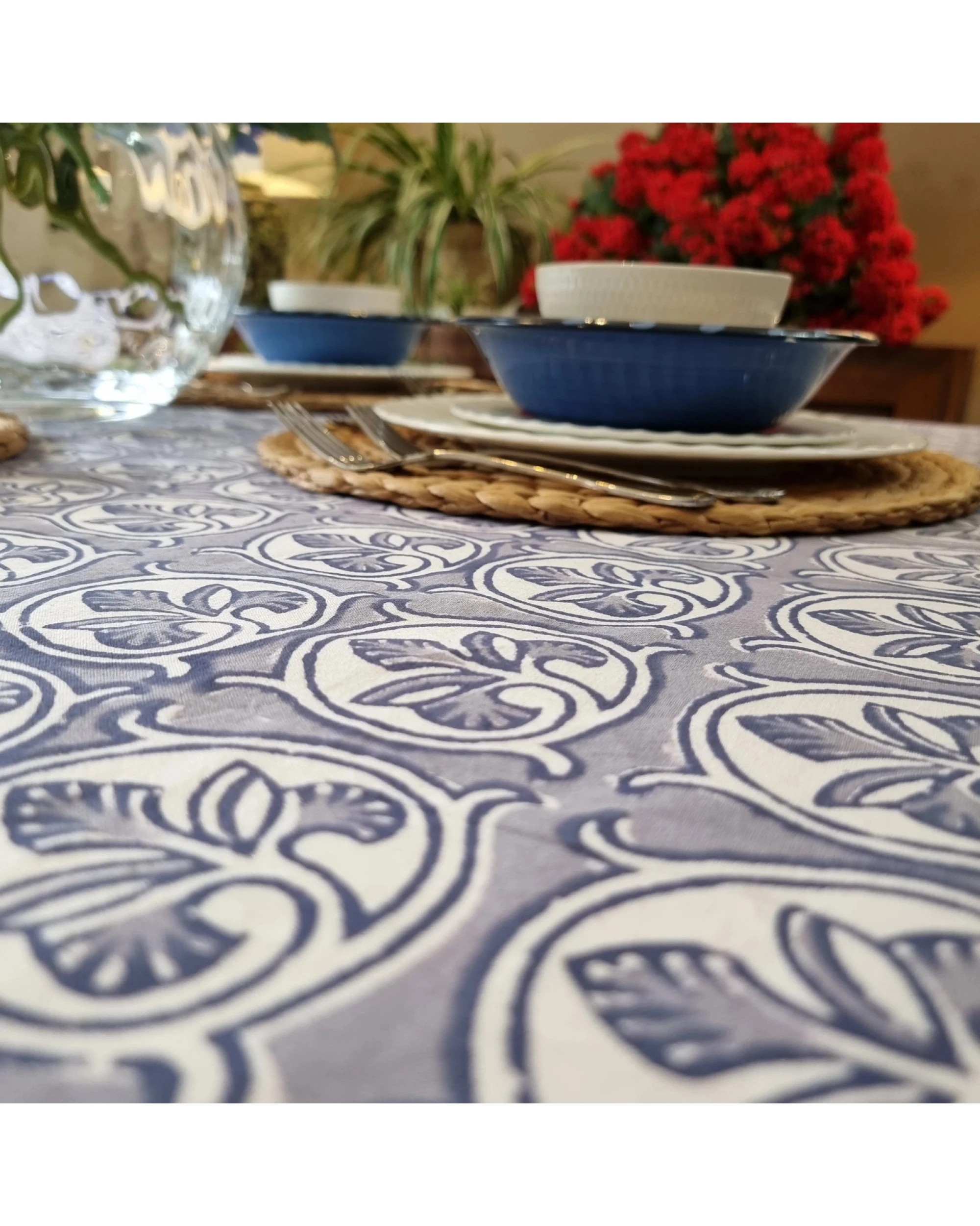 3 Kolka Lotus Handle Block-Printed Simple Dining Table Tablecloth - Grey, 3 of 6