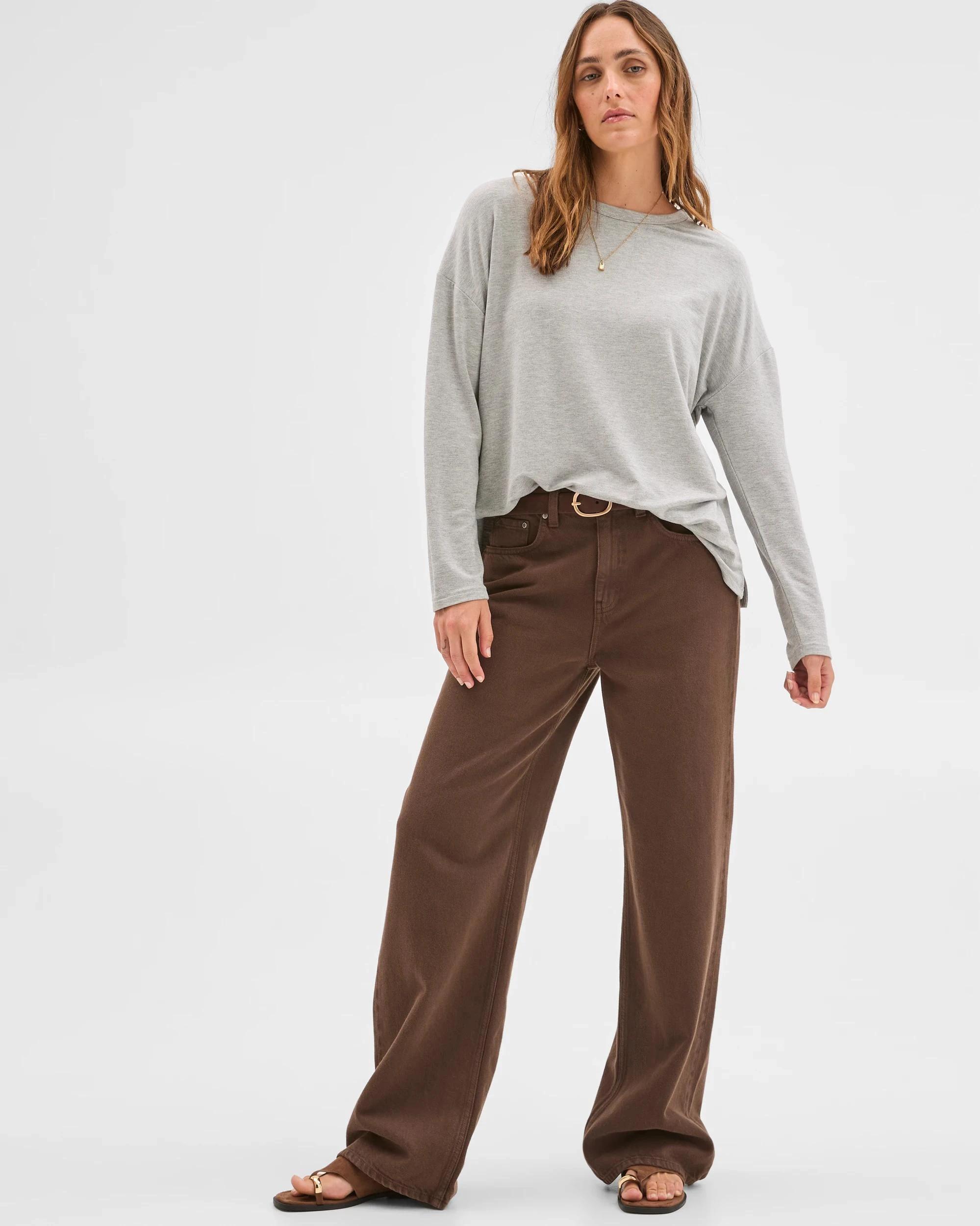 1 Target Woman Long Sleeve Drop Shoulder Curved Hem Top GREY, 1 of 5