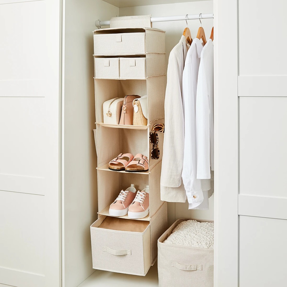 1 Linen Look Hanging Shelving with Drawers - Beige, 1 of 10