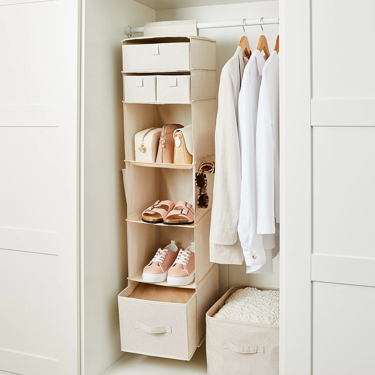 1 Linen Look Hanging Shelving with Drawers - Beige, 1 of 10