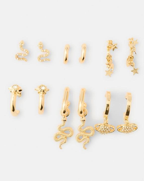 6 Pack Snake Stud and Hoop Earrings - Gold Tone