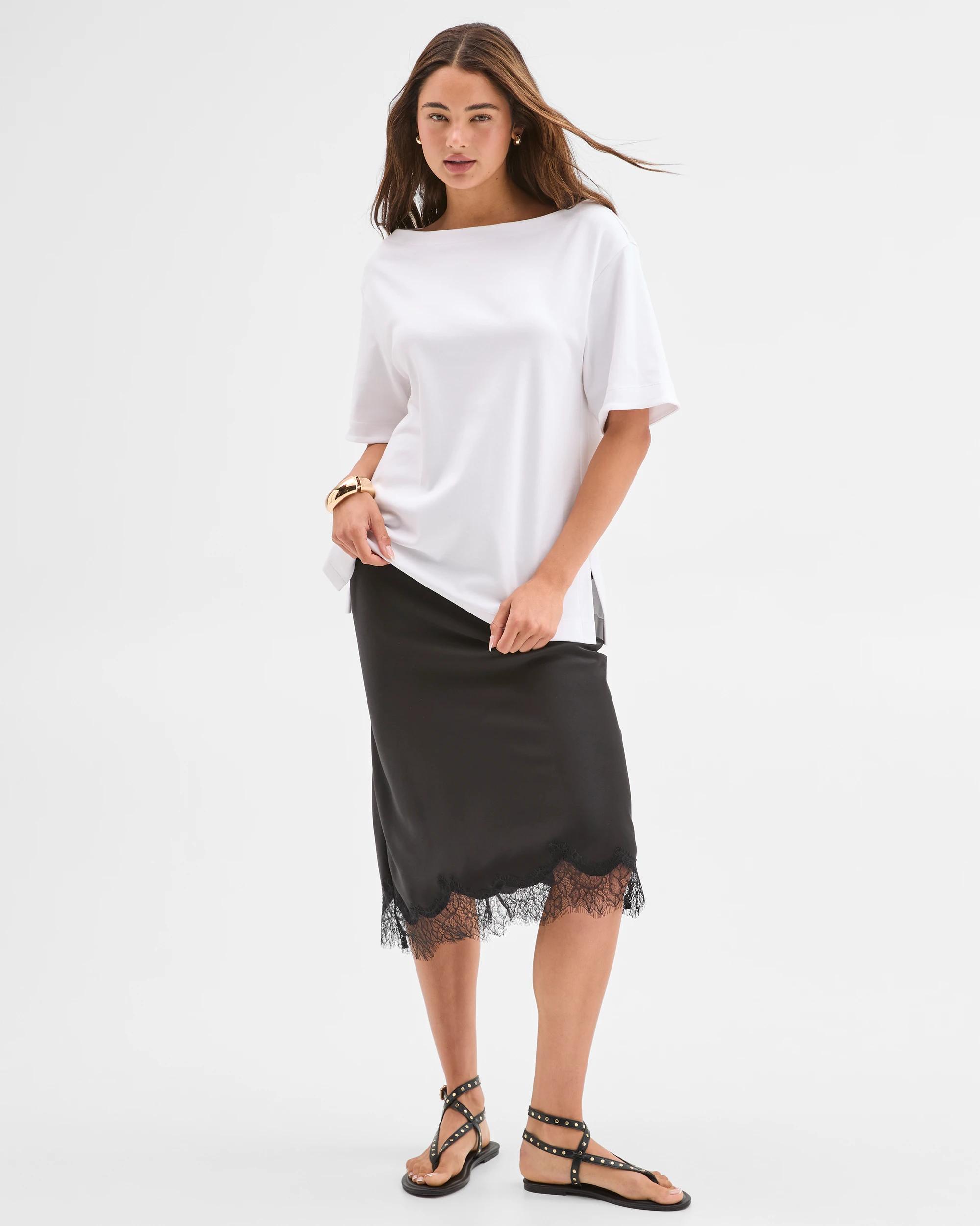 1 Lily Loves Satin Lace Trim Midi Skirt BLACK, 1 of 7