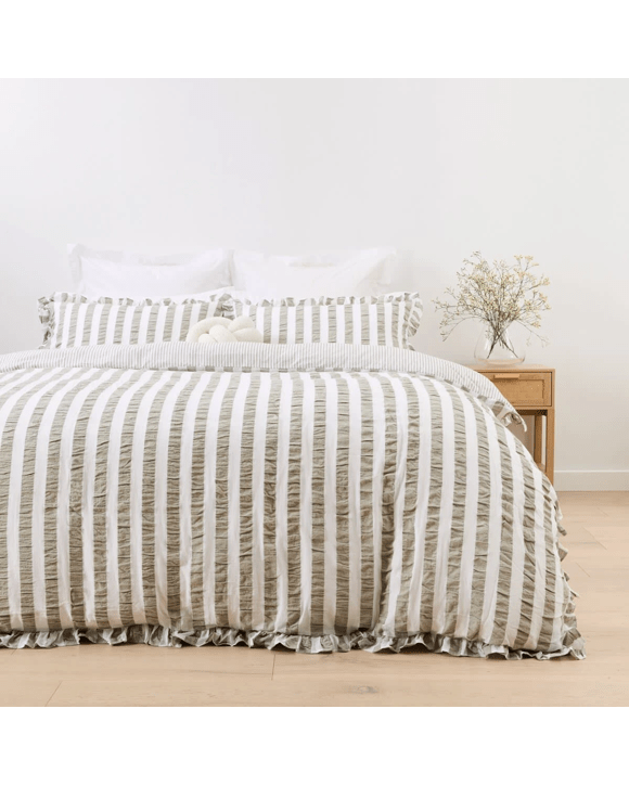 Ruffle Stripe Cotton Reversible Quilt Cover Set - Queen Bed, Seagrass