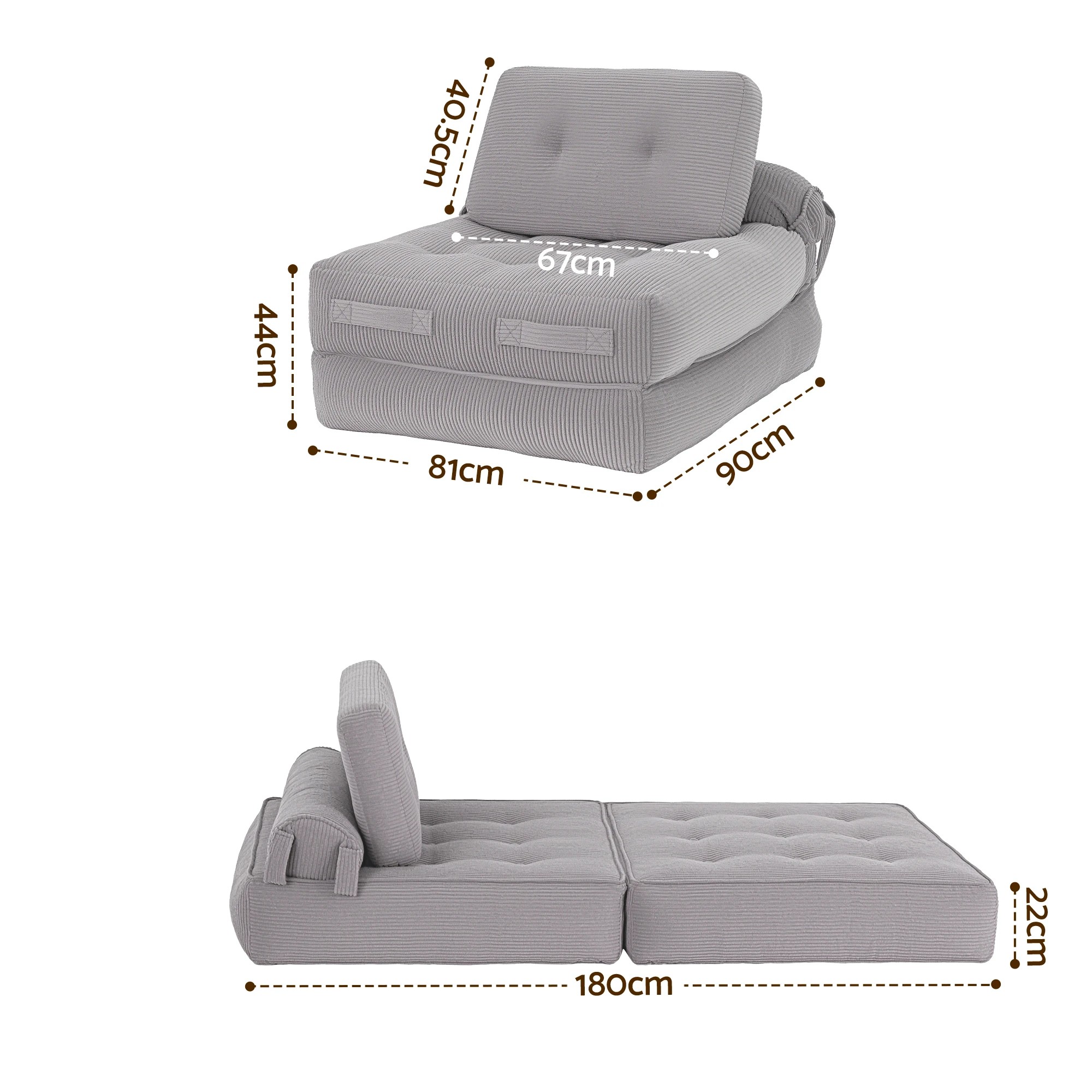 2 Artiss 1 Seater Corduroy Convertible Sofa Bed Pull Out Boneless Couch - Grey, 2 of 9