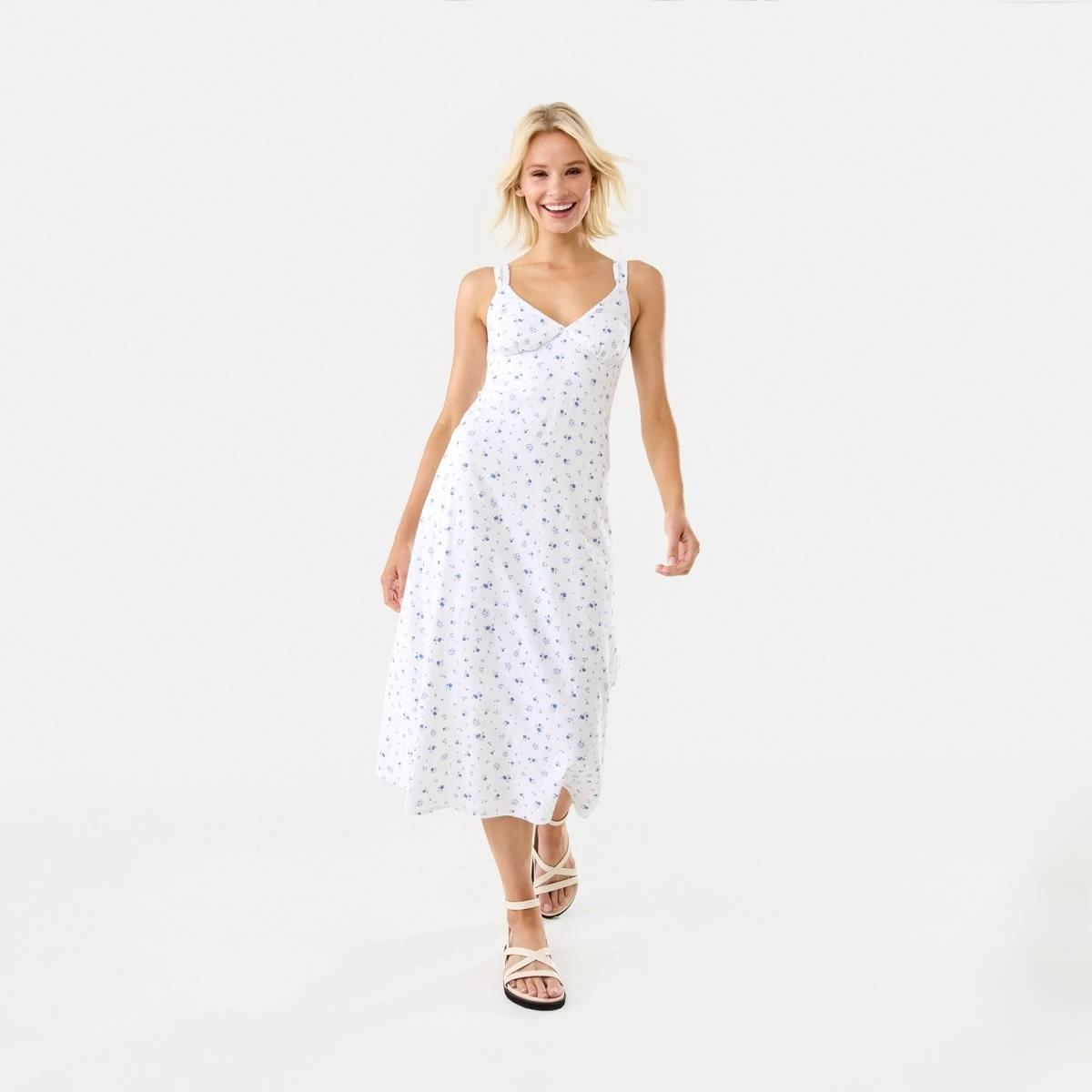 1 Sleeveless V-Neck Slip Midi Dress Blue Ditsy, 1 of 10