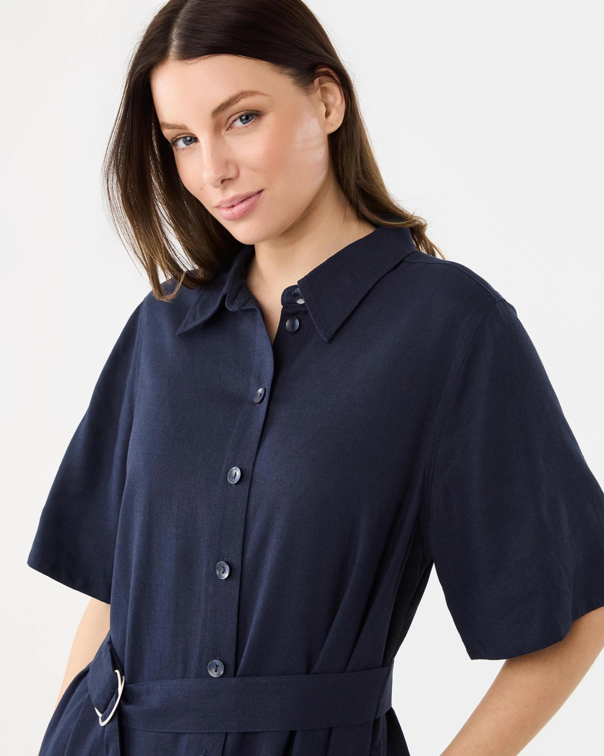 4 Short Sleeve Belted Midi Shirt Dress Navy Blaze, 4 of 8