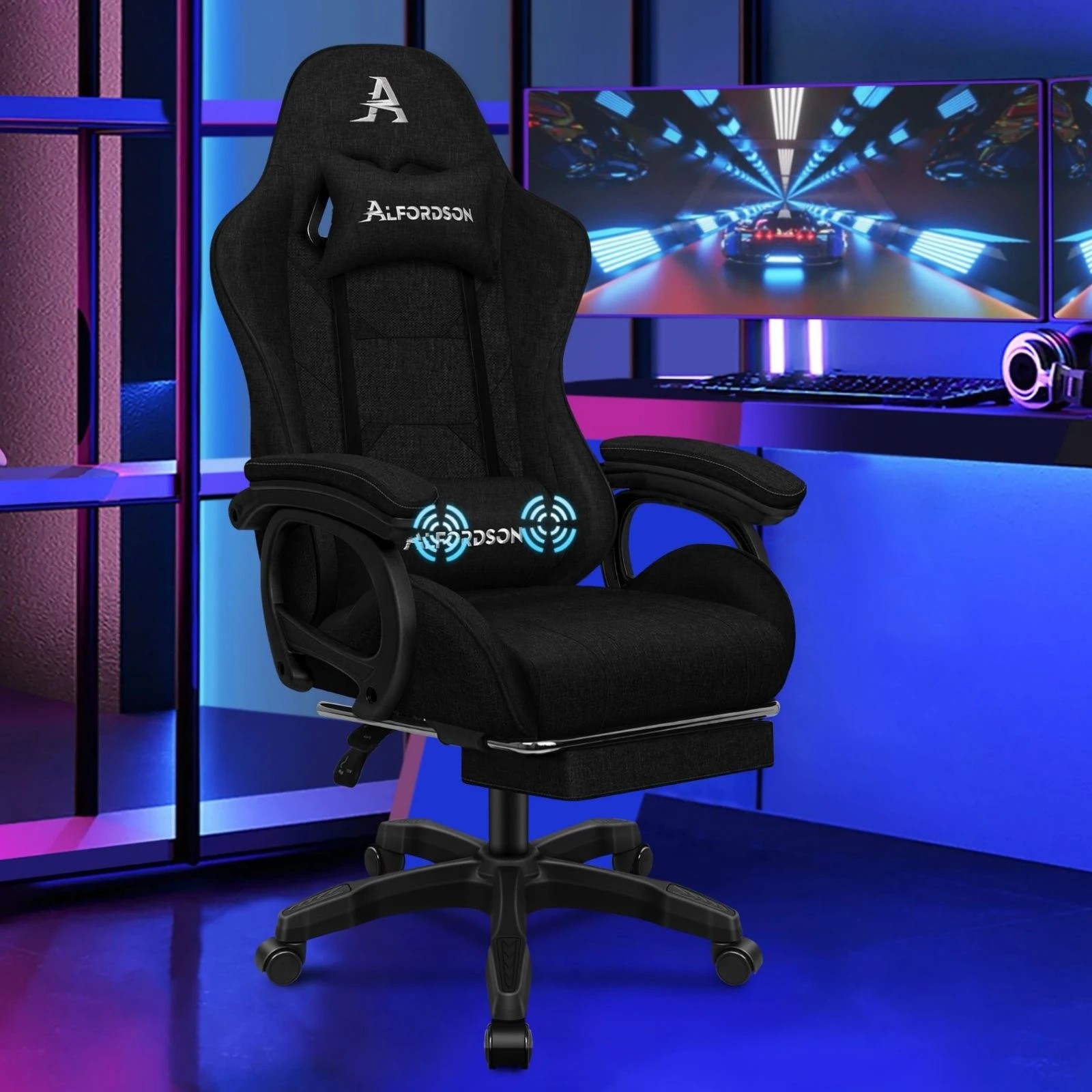 2 Alfordson Gaming Chair Office Massage Computer Racing Fabric Seat Footrest - Black, 2 of 10