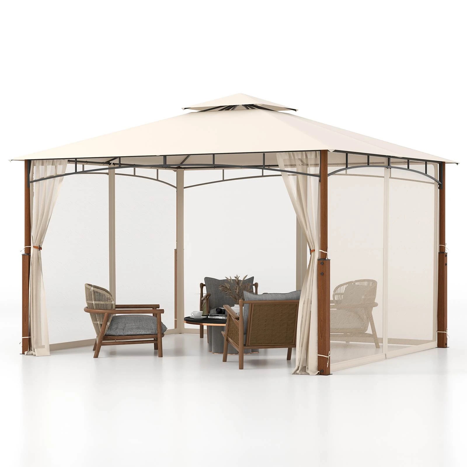 1 Costway 3 x 3.6m Outdoor Retractable Pergola Arched Metal Pergola w/2-Tier Canopy - Beige, 1 of 1