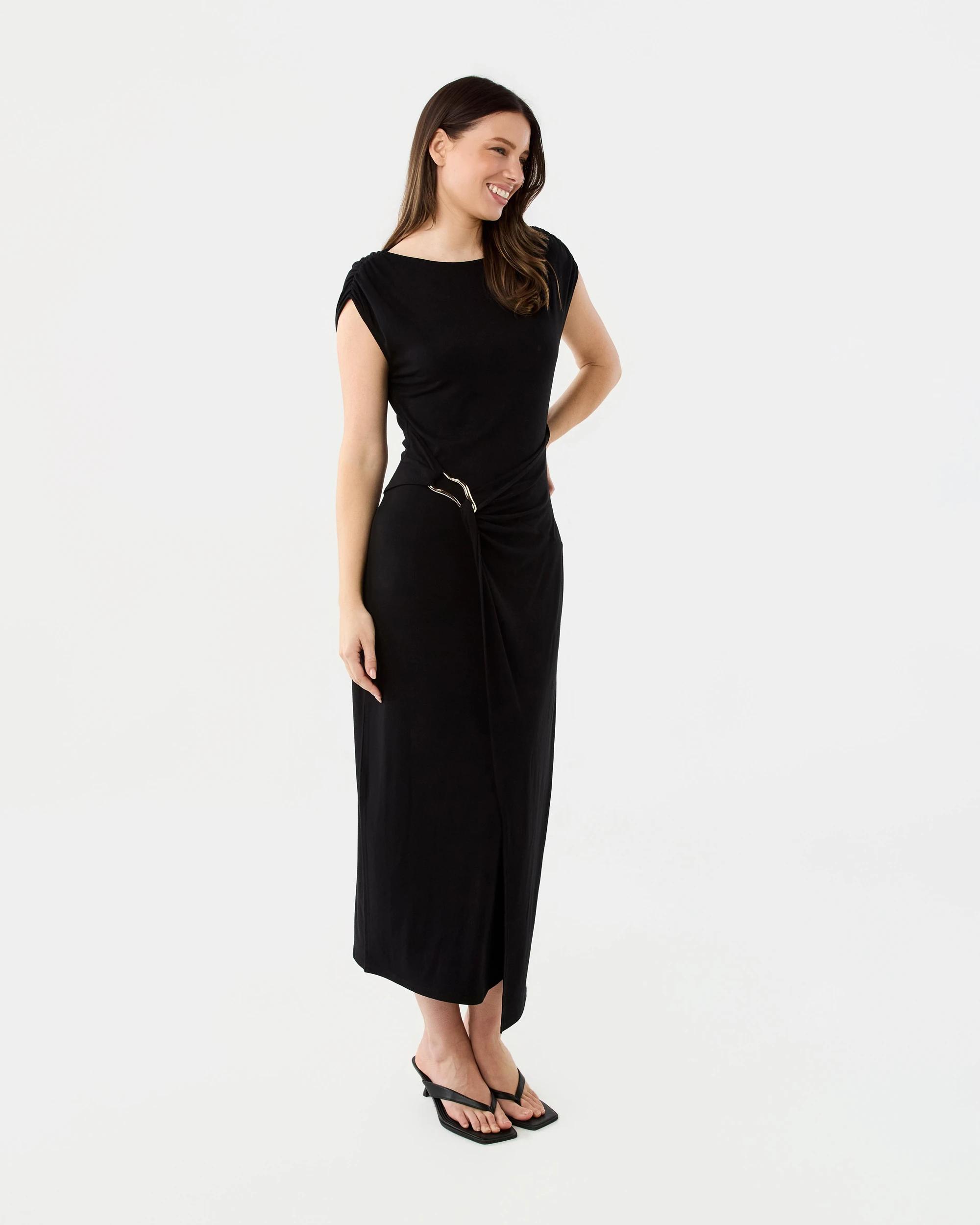 2 Short Sleeve Jersey Gold Detail Midi Dress Black, 2 of 7