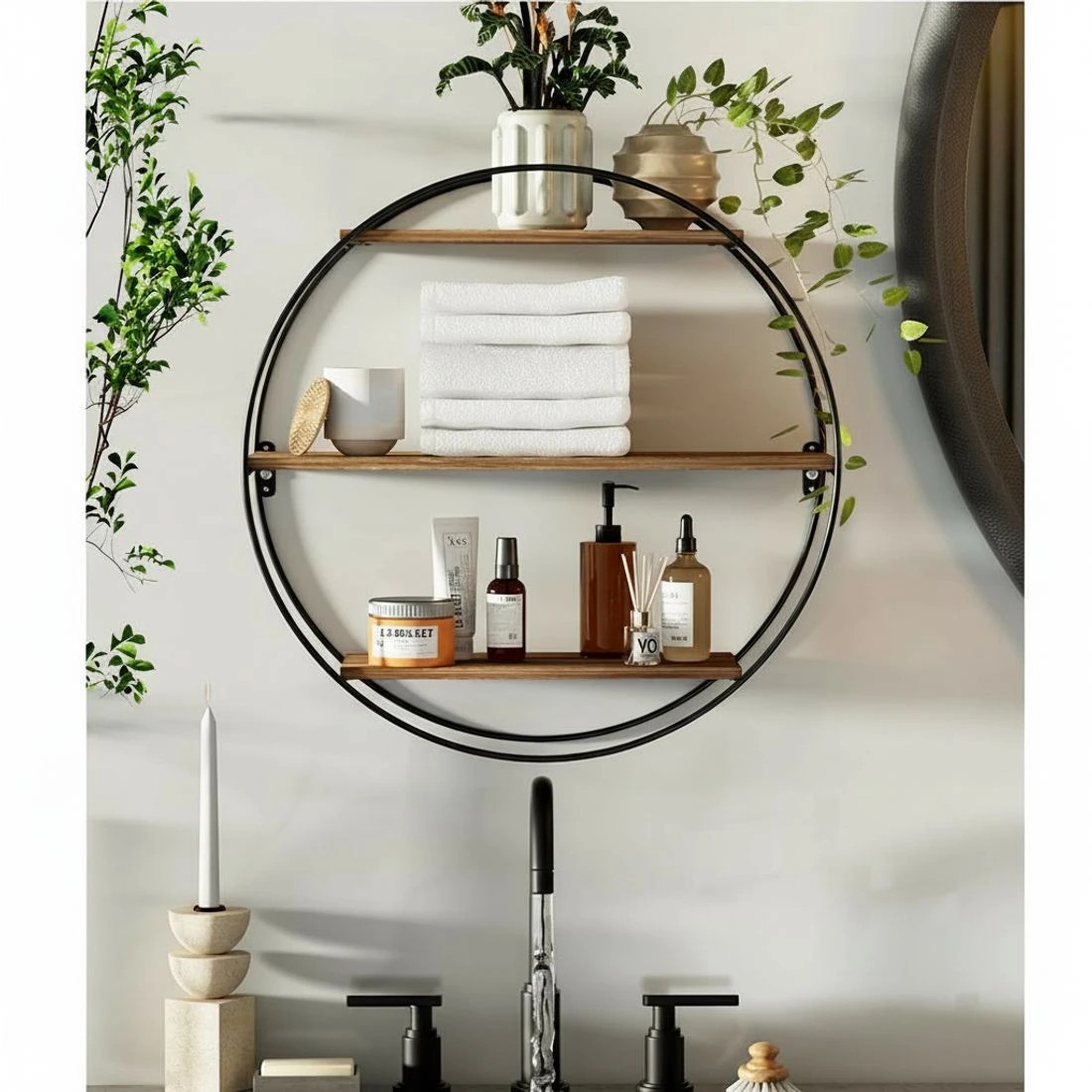 4 Artiss Floating Wall Shelf Round 3-Tier - Brown, 4 of 5