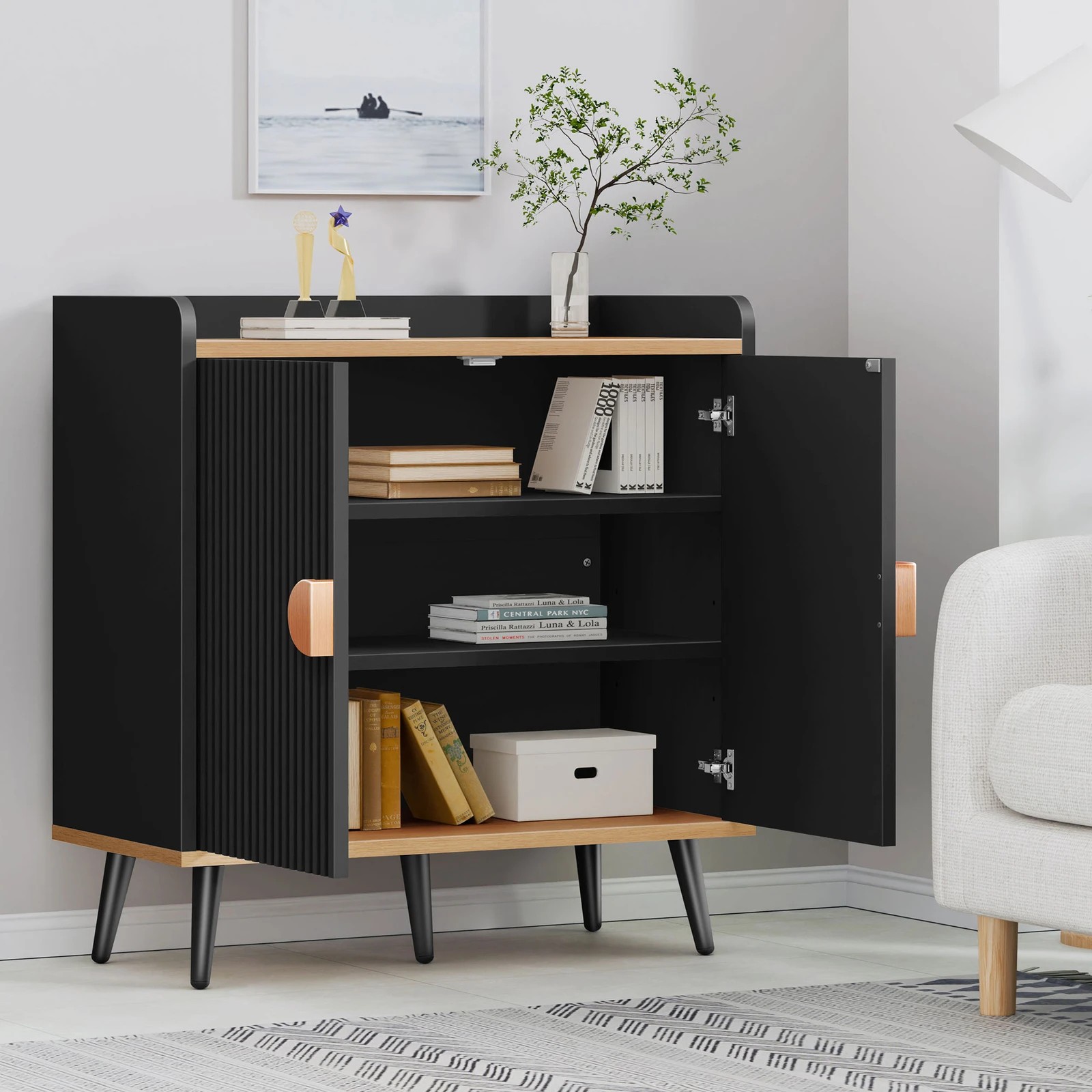 4 Alfordson Buffet Sideboard Cupboard Cabinet Storage Kitchen Hallway Doors - Black, 4 of 10