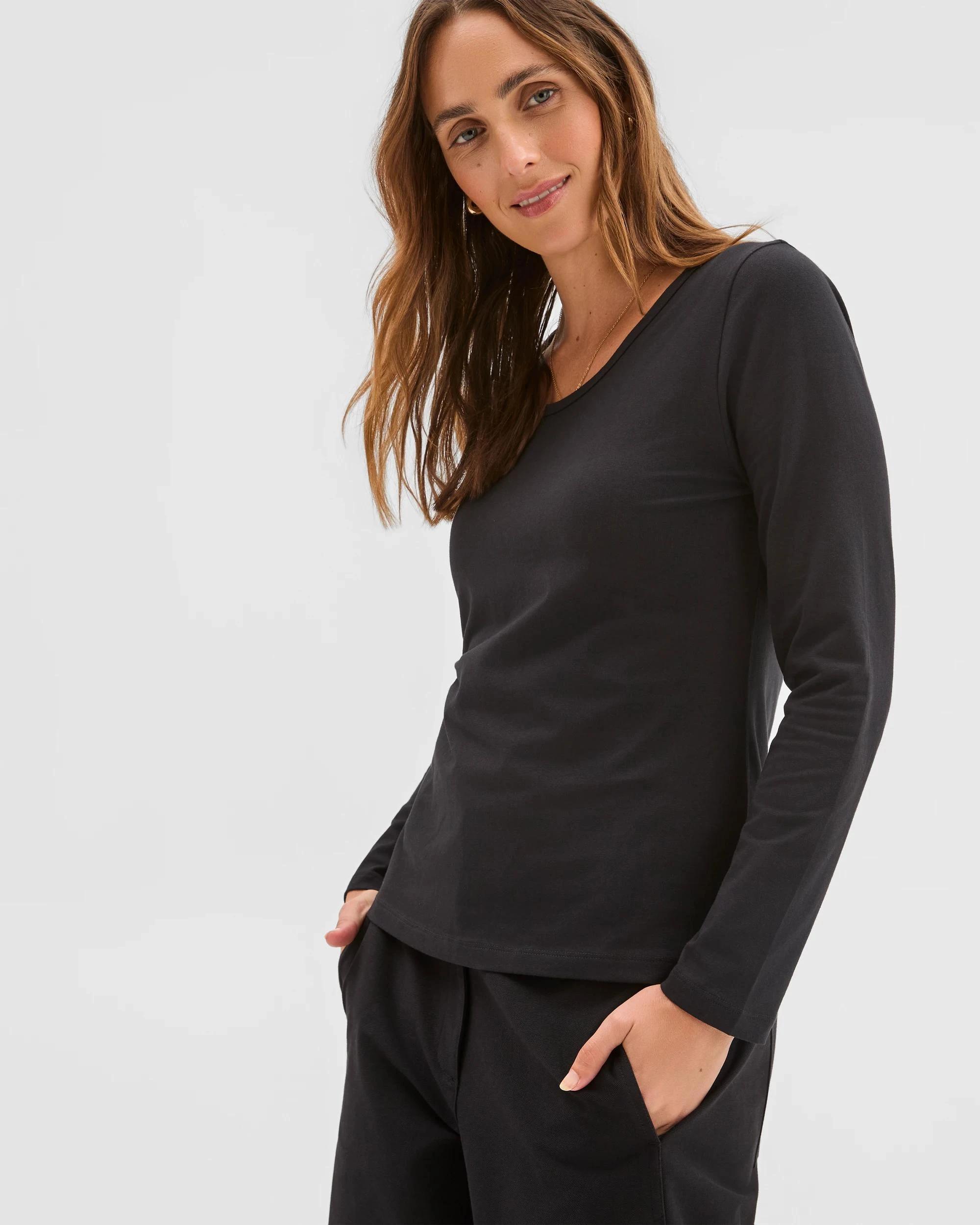 2 Target Woman Australian Cotton Long Sleeve Stretch Crew T-Shirt BLACK, 2 of 5