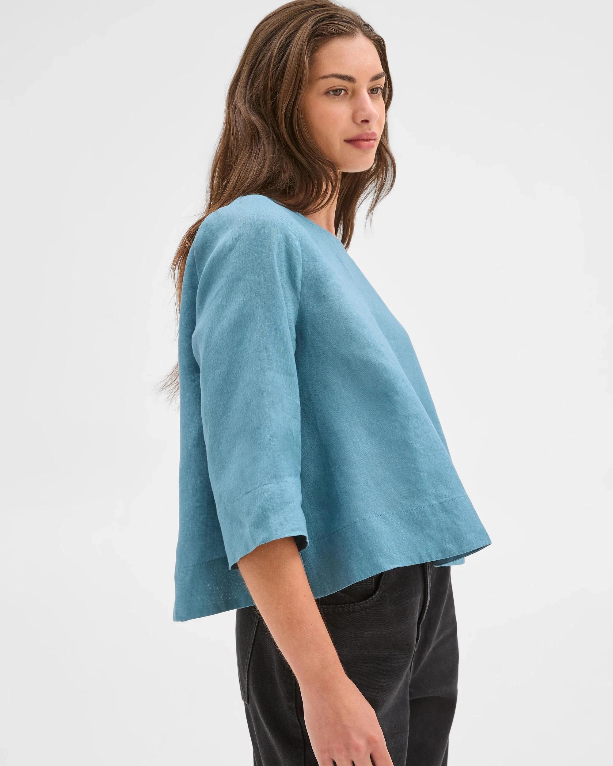 3 Target Petites Petites European Linen 3/4 Sleeve Cross Back Top SEA TEAL, 3 of 5