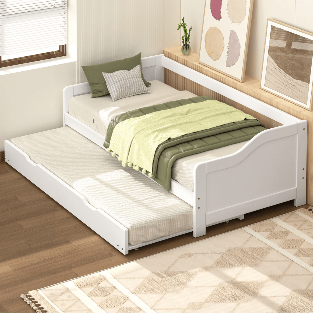 5 Alfordson Bed Frame Trundle 2x Single Size Wooden Daybed Base Timber - White, 5 of 9