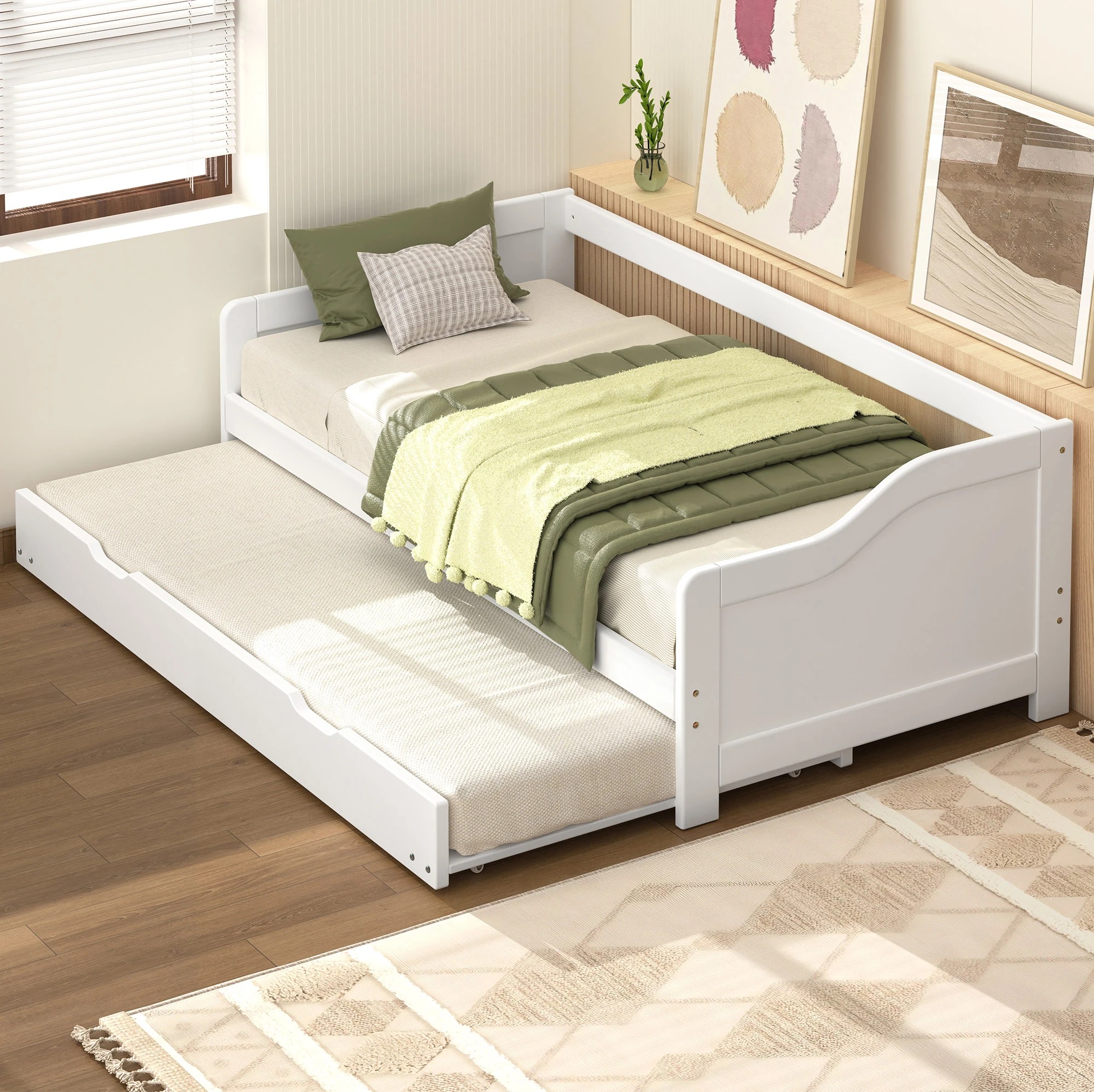 5 Alfordson Bed Frame Trundle 2x Single Size Wooden Daybed Base Timber - White, 5 of 9