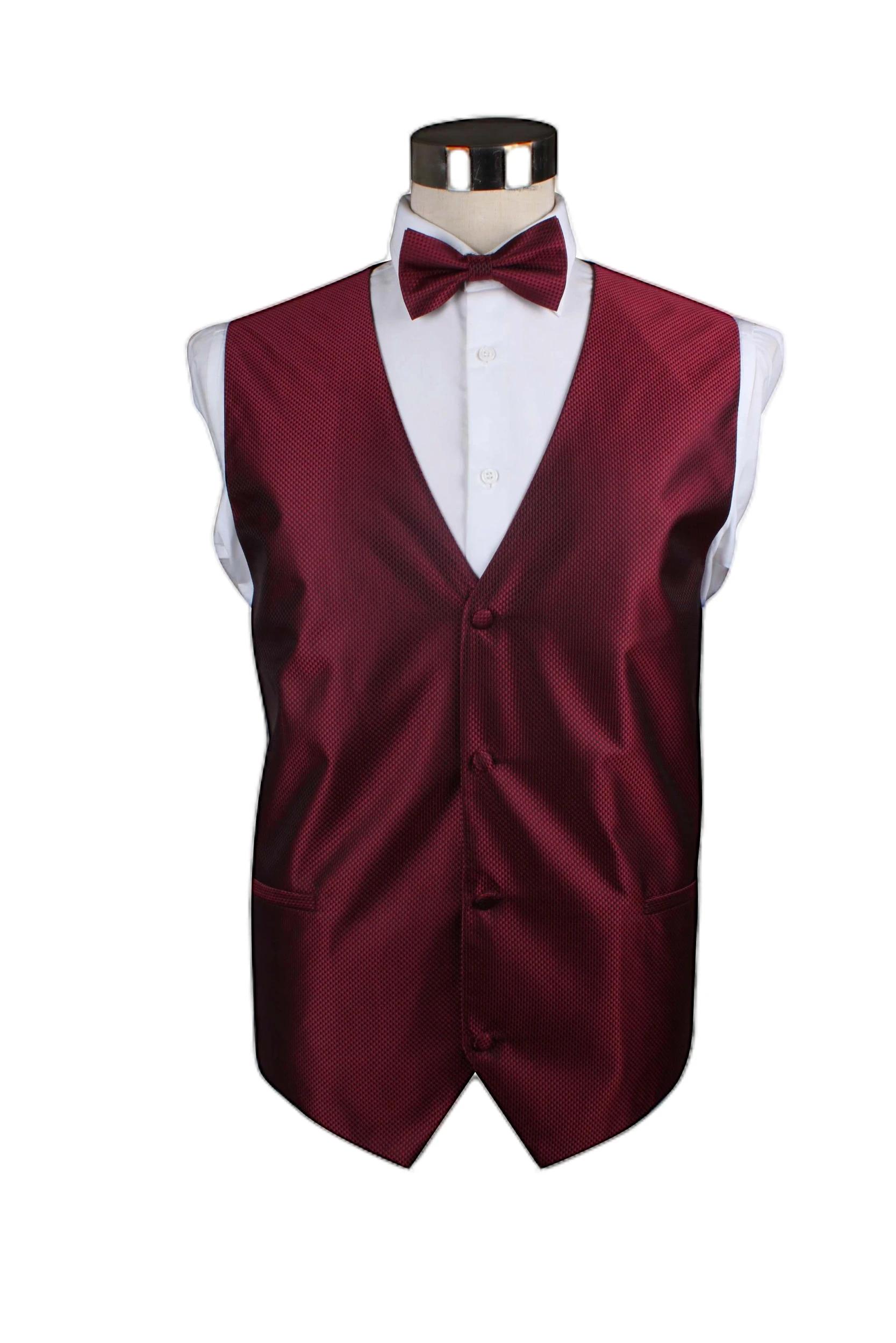 1 Zasel Mens Checkered Patterned Vest Waistcoat & Matching Bow Tie DARK RED, 1 of 1