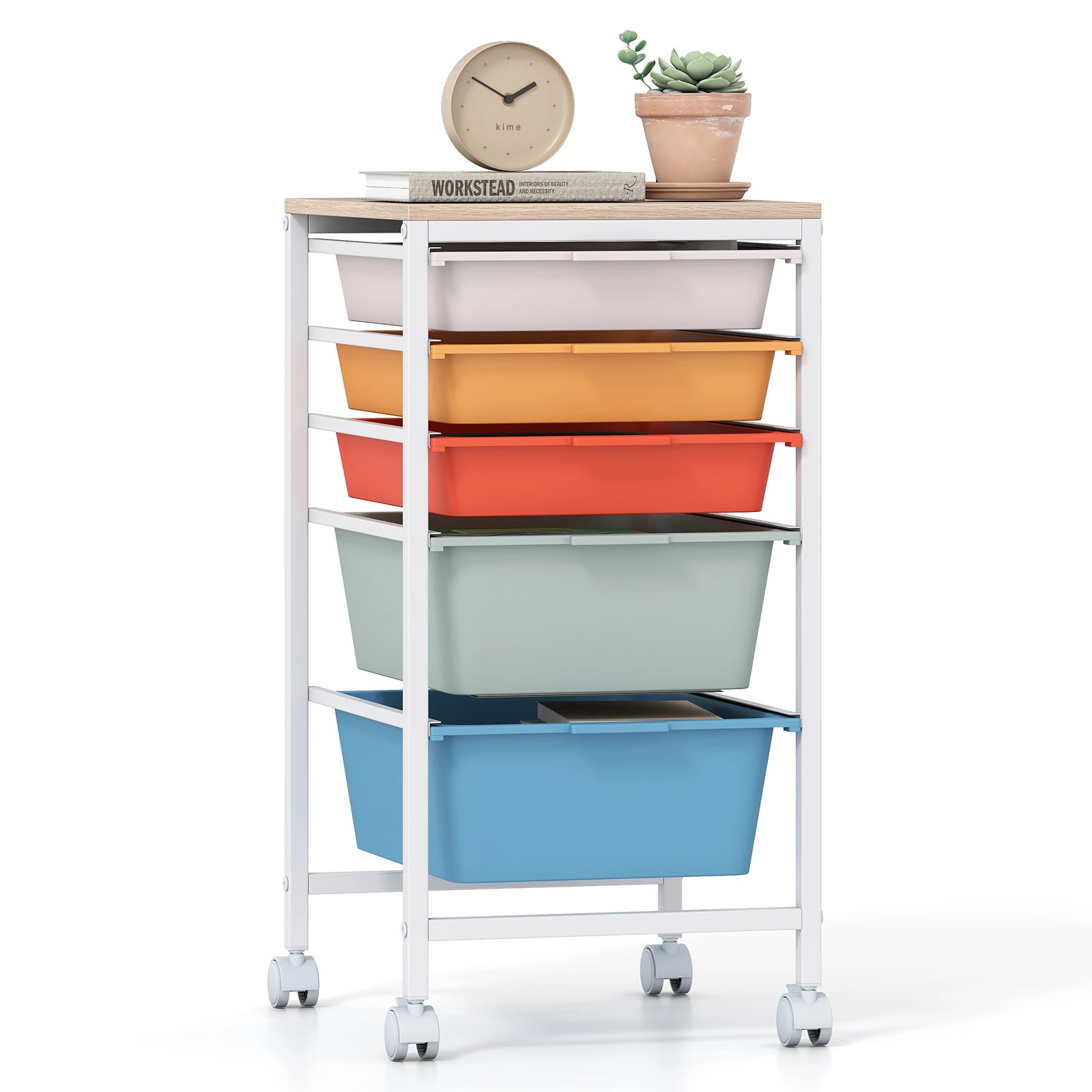 6 Costway 5-Drawer Rolling Storage Cart Mobile Utility Organizer w/Wooden Tabletop - Multi, 6 of 6