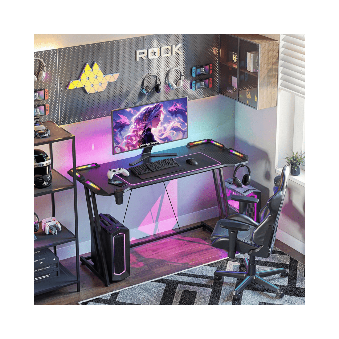 2 140cm LED RGB Gaming Desk Carbon Fiber Surface Computer Desk with Cup Holder Headphone Hook, 2 of 10