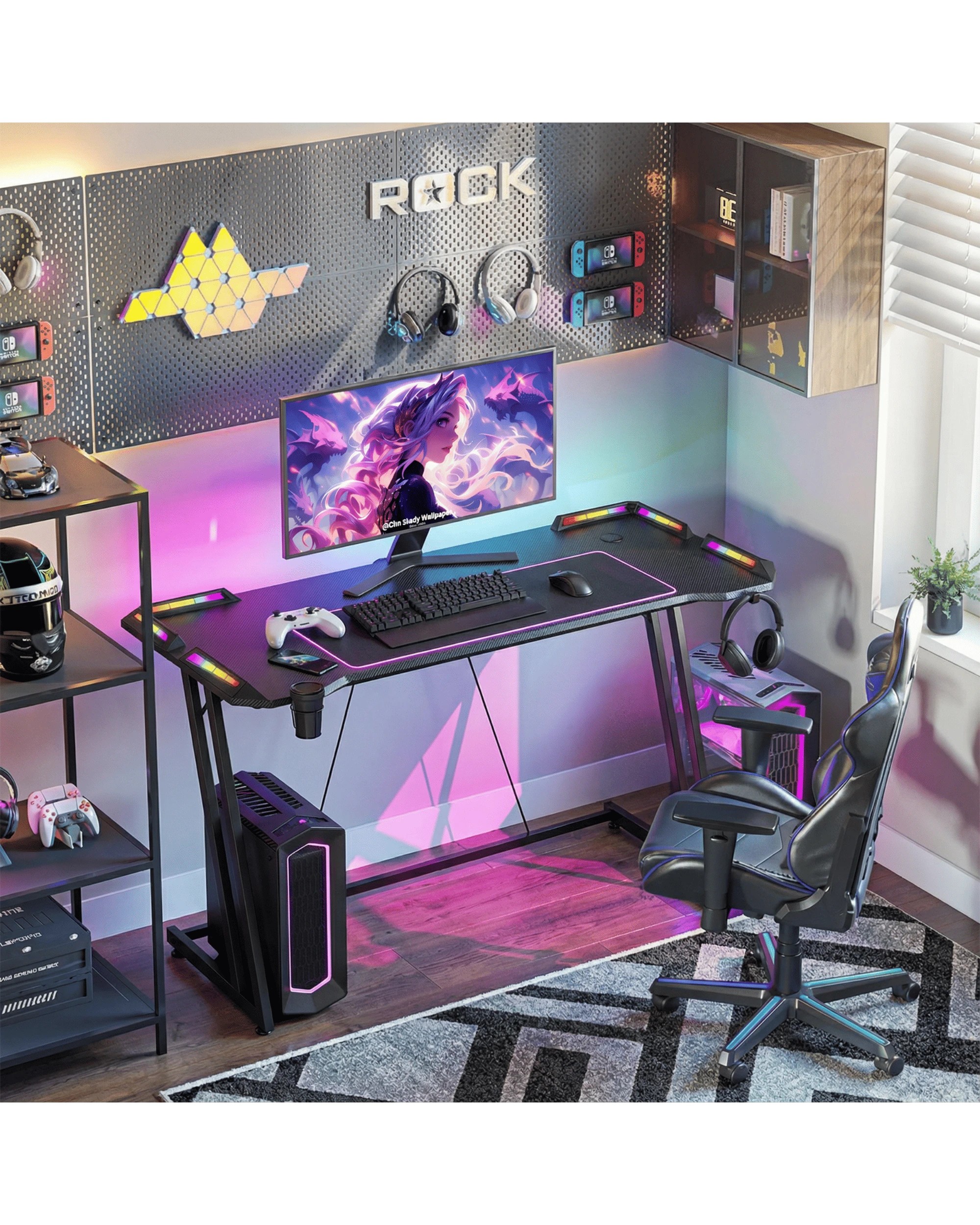 2 Advwin 140cm LED RGB Gaming Desk Carbon Fiber Surface Computer Desk with Cup Holder Headphone Hook, 2 of 10