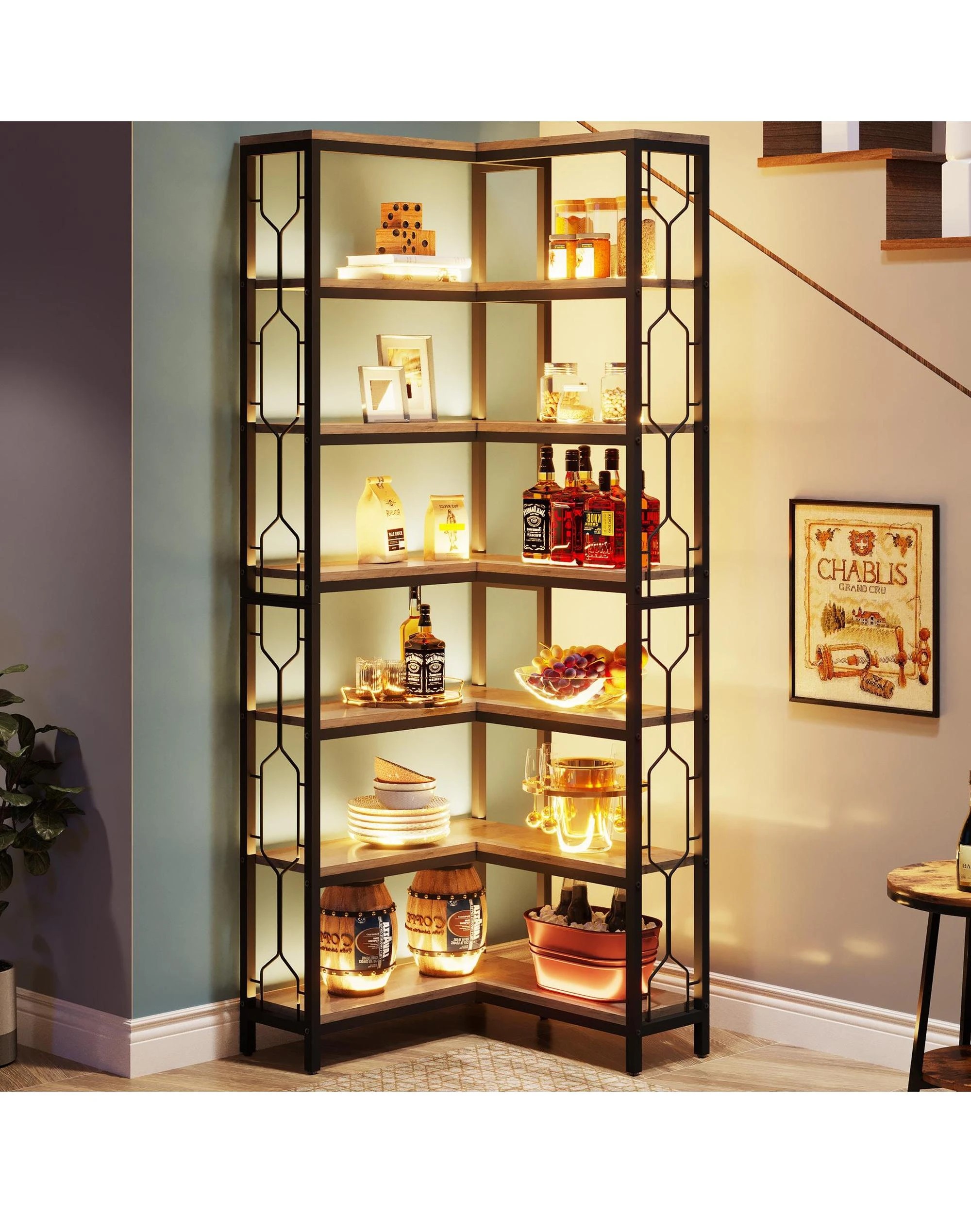 4 OAKORY 200cm L-Shaped Corner Shelf, Freestanding 7-Shelf Bookshelf, Metal Frame Display Rack, 4 of 6