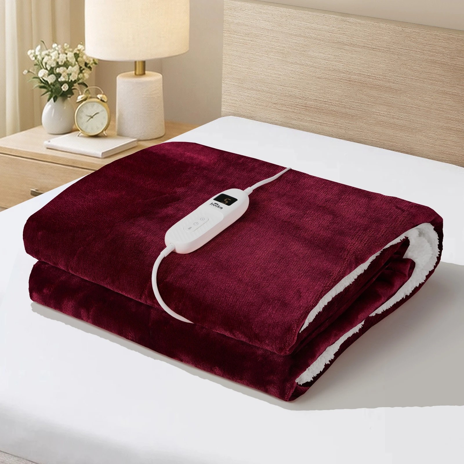 2 Bedra Bedding Electric Throw Rug Dual Side Heated Blanket Flannel&Sherpa - Single Bed - Burgundy, 2 of 9