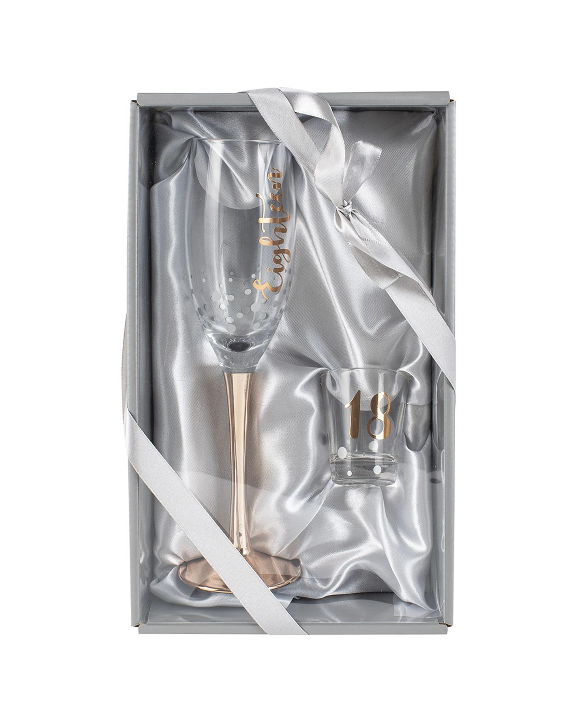 1 Eighteen Rose Gold Champagne Glass & Shot Glass Set Drinking Cups Gift Box Set
 - Gold, 1 of 3