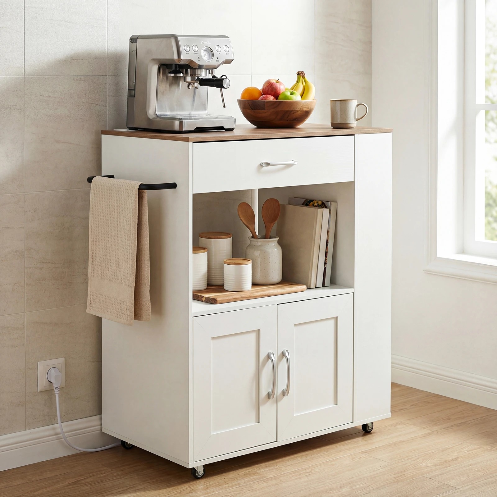 3 Costway Kitchen Island Trolley w/Spice Racks White, 3 of 4