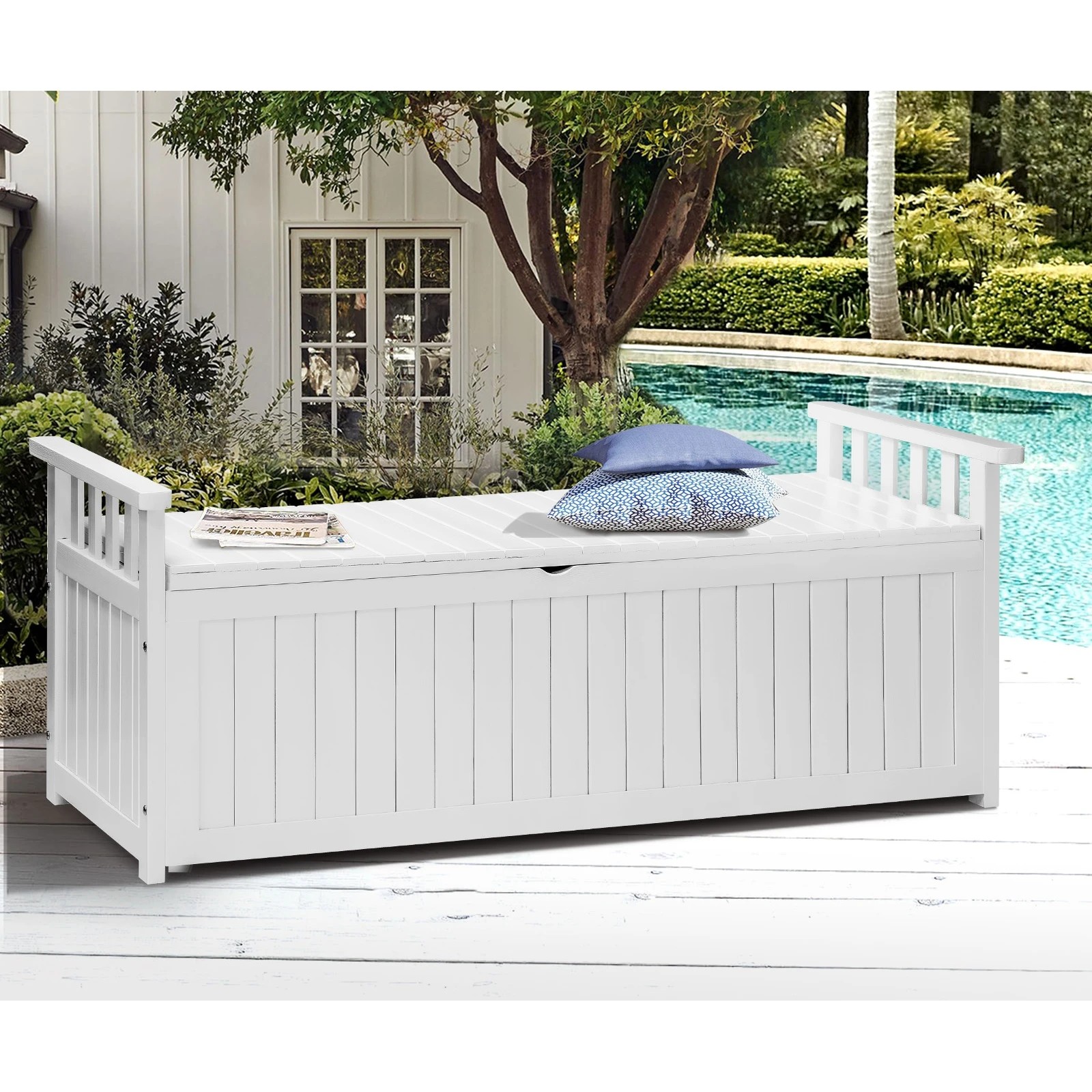 3 Livsip Outdoor Storage Box Garden Bench Wooden Cabinet Container Chest Toy Tool - White, 3 of 7