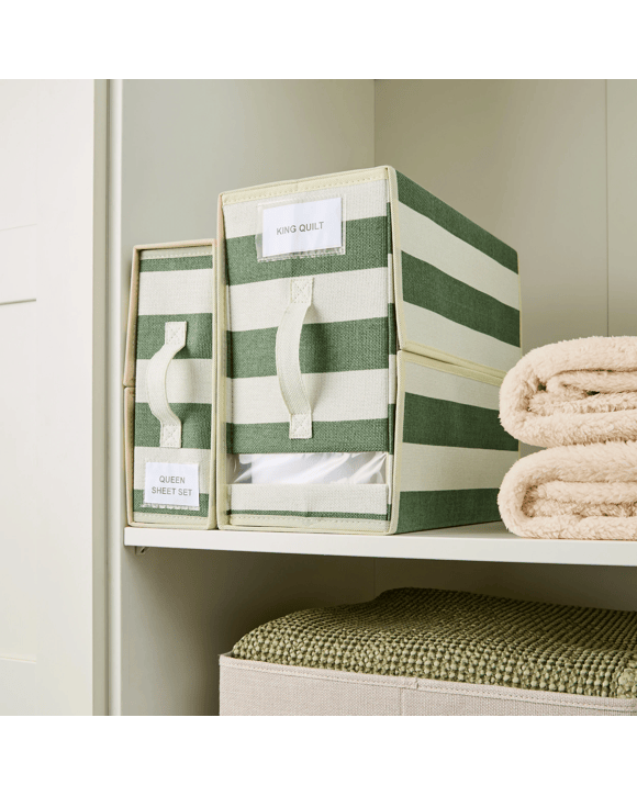 Linen Look Bed Linen Box - Large, Green Stripe