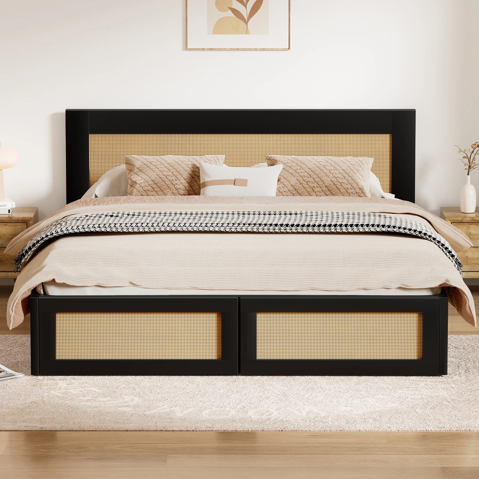 4 Alfordson Wooden Bed Frame Double Size Rattan Bed Base with Storage Drawer - Black, 4 of 10