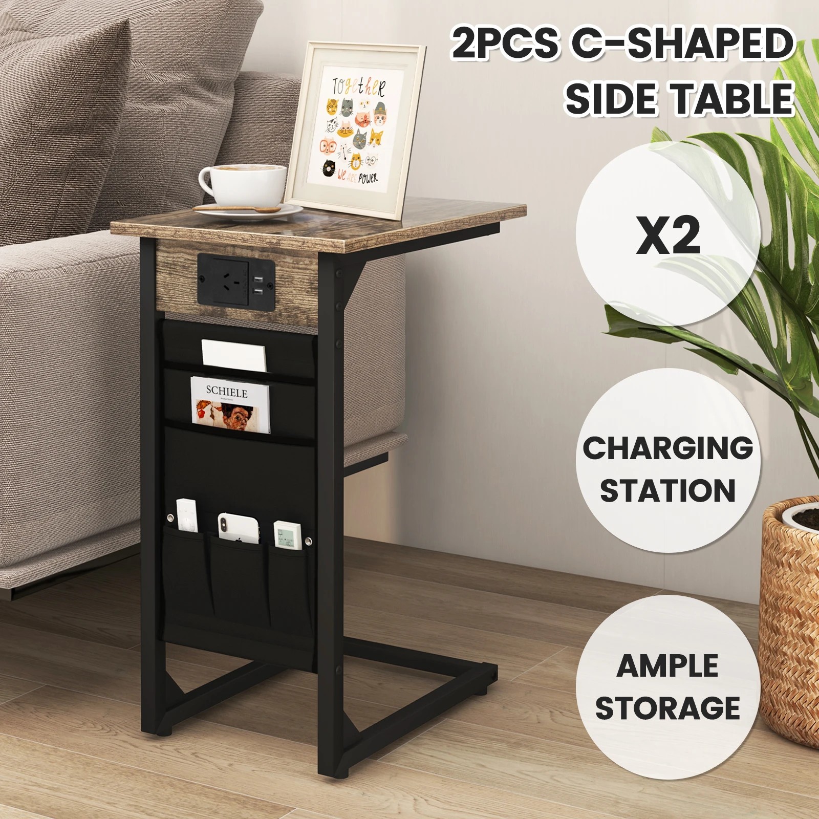 5 Costway 2 x C-Shaped Side End Table w/2 USB Ports & 1 Outlets, 5 of 10