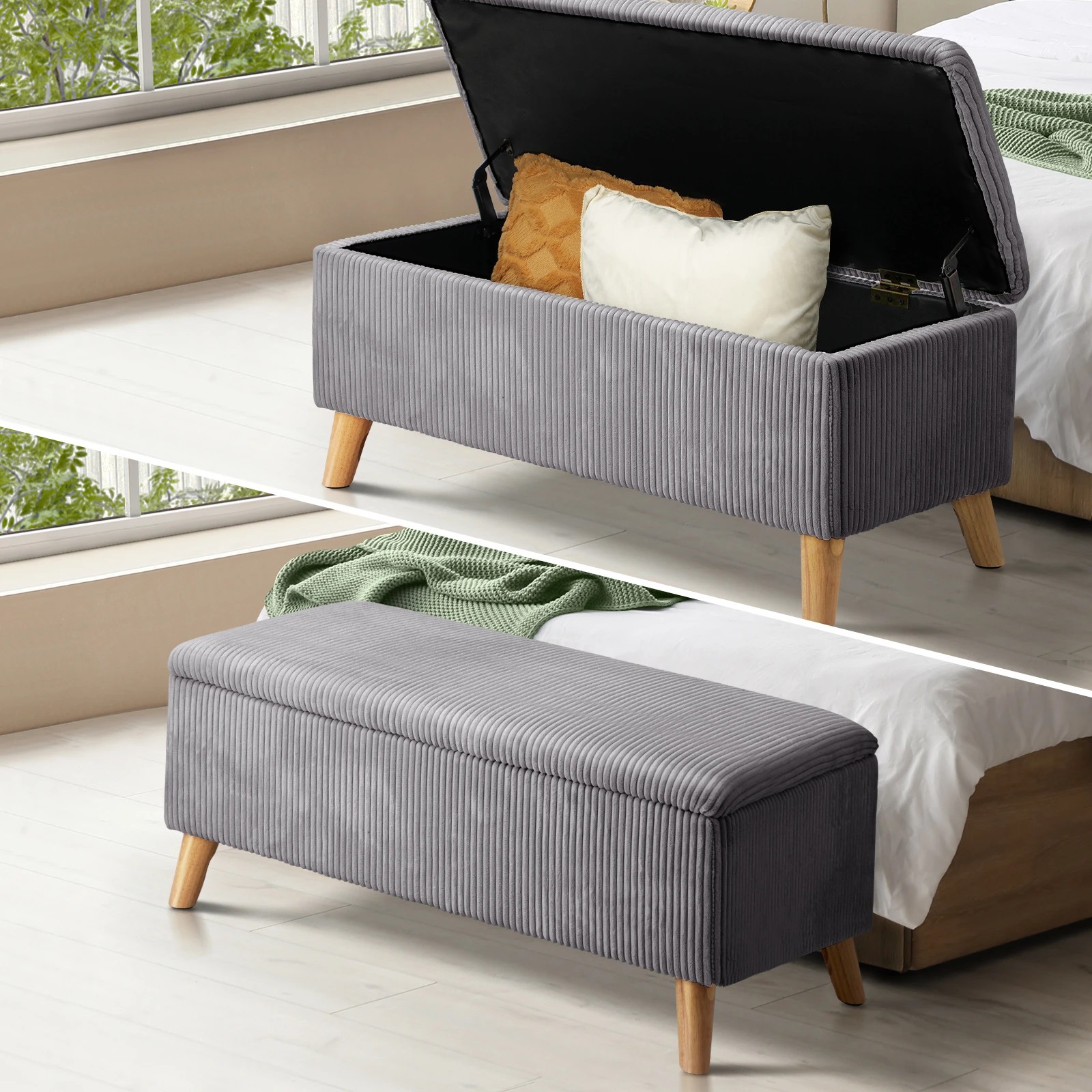 2 Oikiture Storage Ottoman Blanket Box Chest Toy Foot Stool Large Velvet
 - Grey, 2 of 10